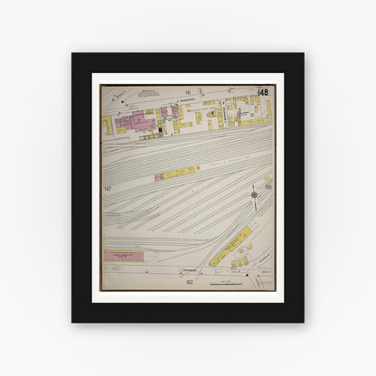 Old map wall art mockup — black gallery frame with white mat — Sanborn Fire Insurance Map from Worcester, Worcester County, Massachusetts (1910), Sheet #0148