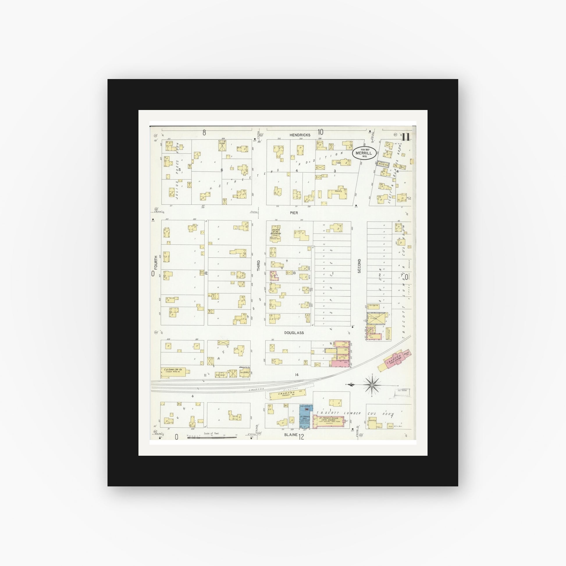 Old map wall art mockup — black gallery frame with white mat — Sanborn Fire Insurance Map from Merrill, Lincoln County, Wisconsin (1907), Sheet #0011