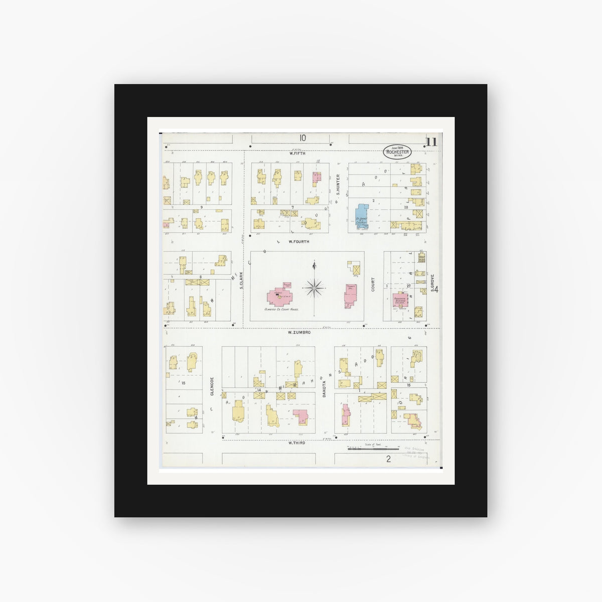 Old map wall art mockup — black gallery frame with white mat — Sanborn Fire Insurance Map from Rochester, Olmsted County, Minnesota (1899), Sheet #0011