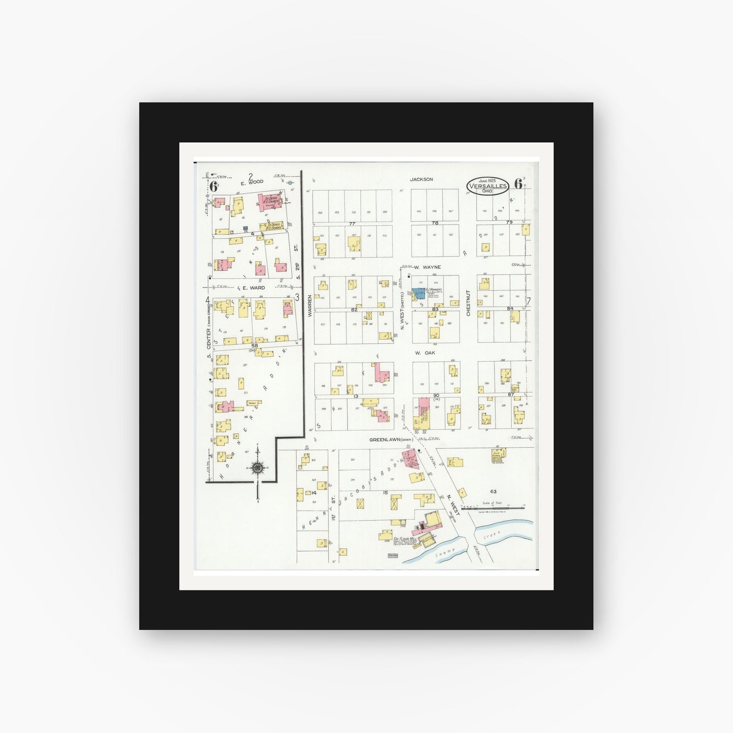 Old map wall art mockup — black gallery frame with white mat — Sanborn Fire Insurance Map from Versailles, Darke County, Ohio (1925), Sheet #0006