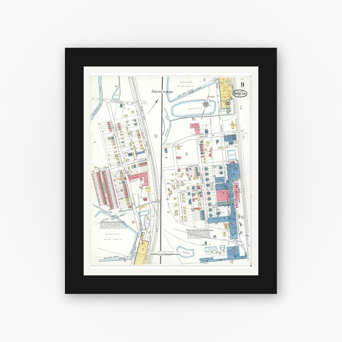 Old map wall art mockup — black gallery frame with white mat — Sanborn Fire Insurance Map from Ambler, Montgomery County, Pennsylvania (1921), Sheet #0009