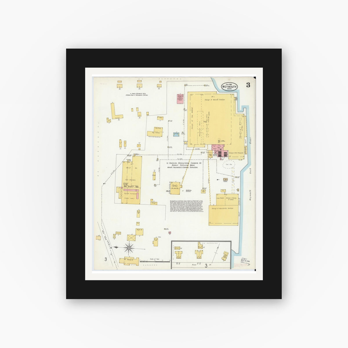 Old map wall art mockup — black gallery frame with white mat — Sanborn Fire Insurance Map from Weymouth, Norfolk County, Massachusetts (1904), Sheet #0003