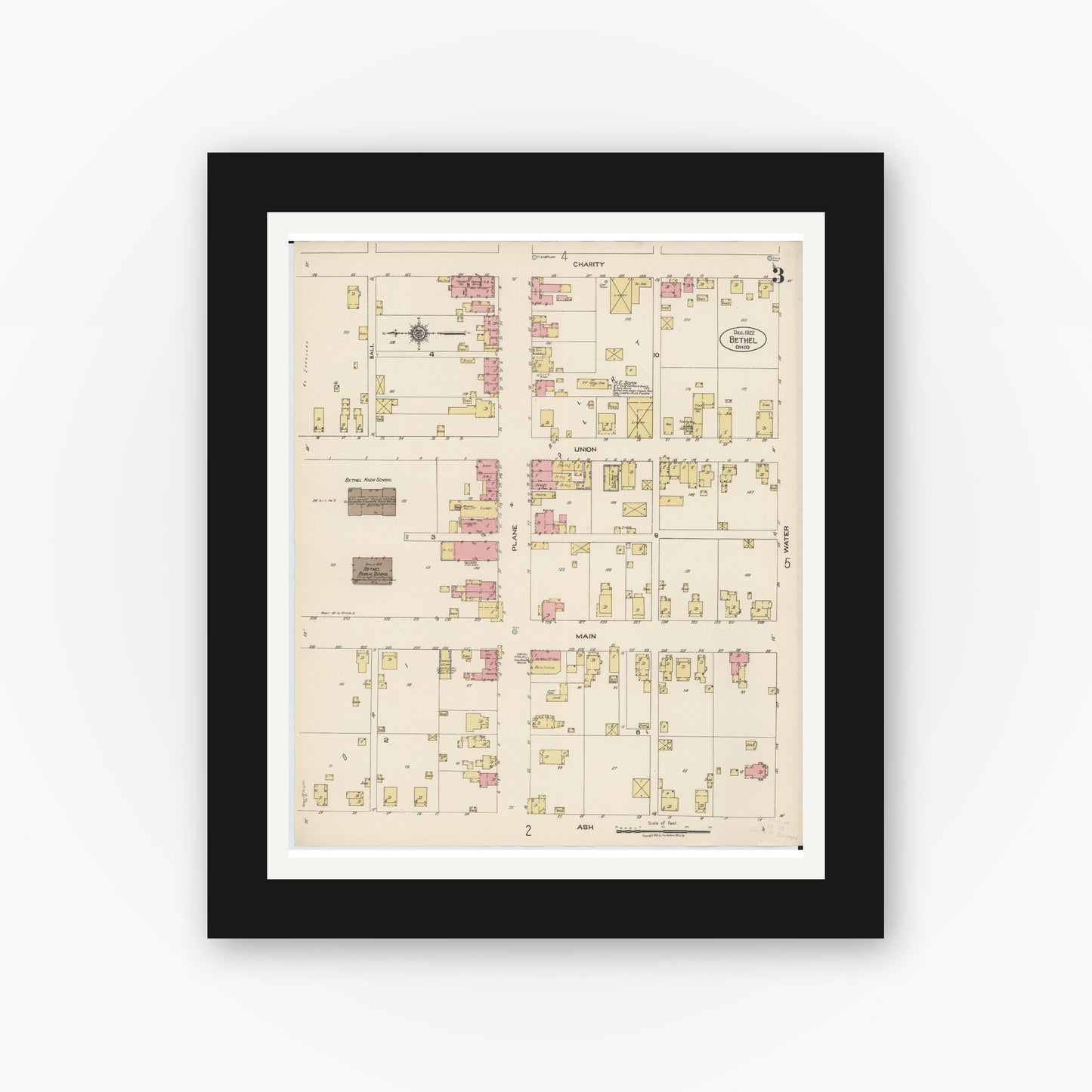 Old map wall art mockup — black gallery frame with white mat — Sanborn Fire Insurance Map from Bethel, Clermont County, Ohio (1922), Sheet #0003