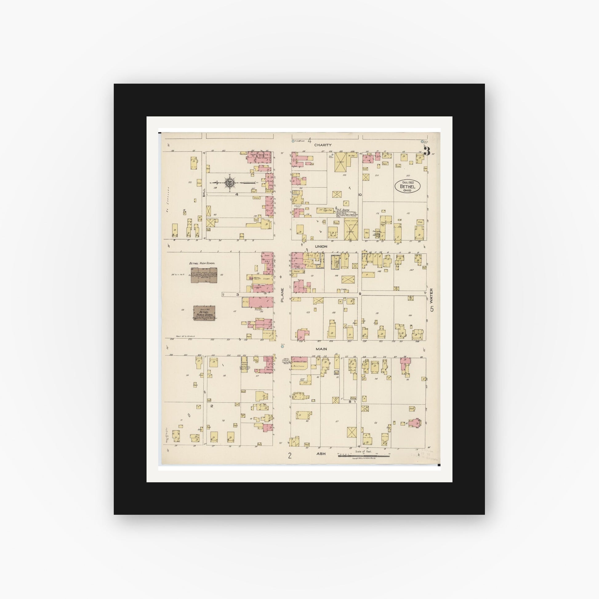 Old map wall art mockup — black gallery frame with white mat — Sanborn Fire Insurance Map from Bethel, Clermont County, Ohio (1922), Sheet #0003