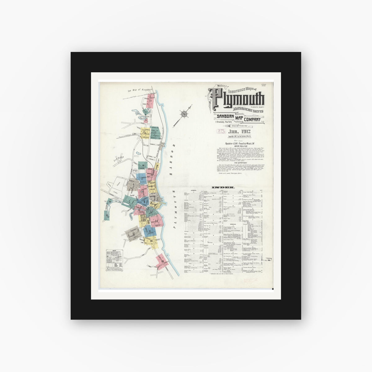 Old map wall art mockup — black gallery frame with white mat — Sanborn Fire Insurance Map from Plymouth, Plymouth County, Massachusetts (1912), Sheet #0001