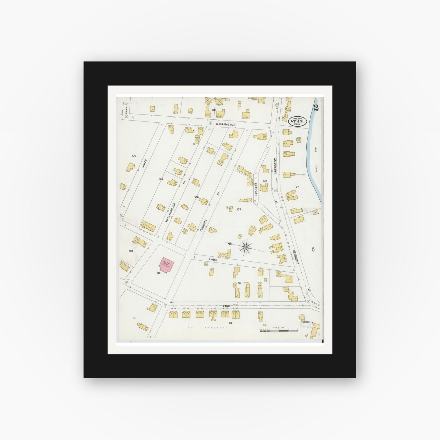 Old map wall art mockup — black gallery frame with white mat — Sanborn Fire Insurance Map from Athol, Worcester County, Massachusetts (1905), Sheet #0002