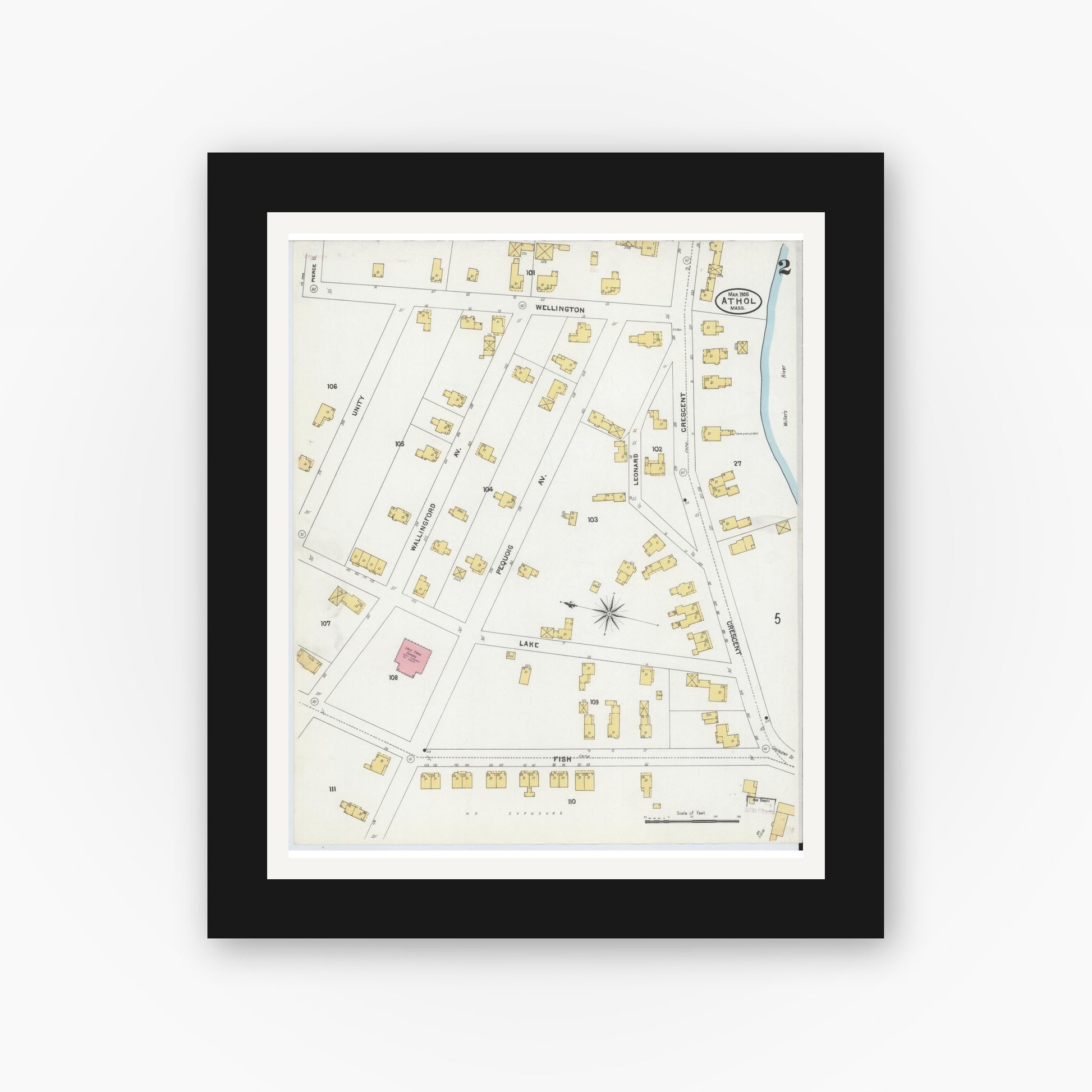 Old map wall art mockup — black gallery frame with white mat — Sanborn Fire Insurance Map from Athol, Worcester County, Massachusetts (1905), Sheet #0002