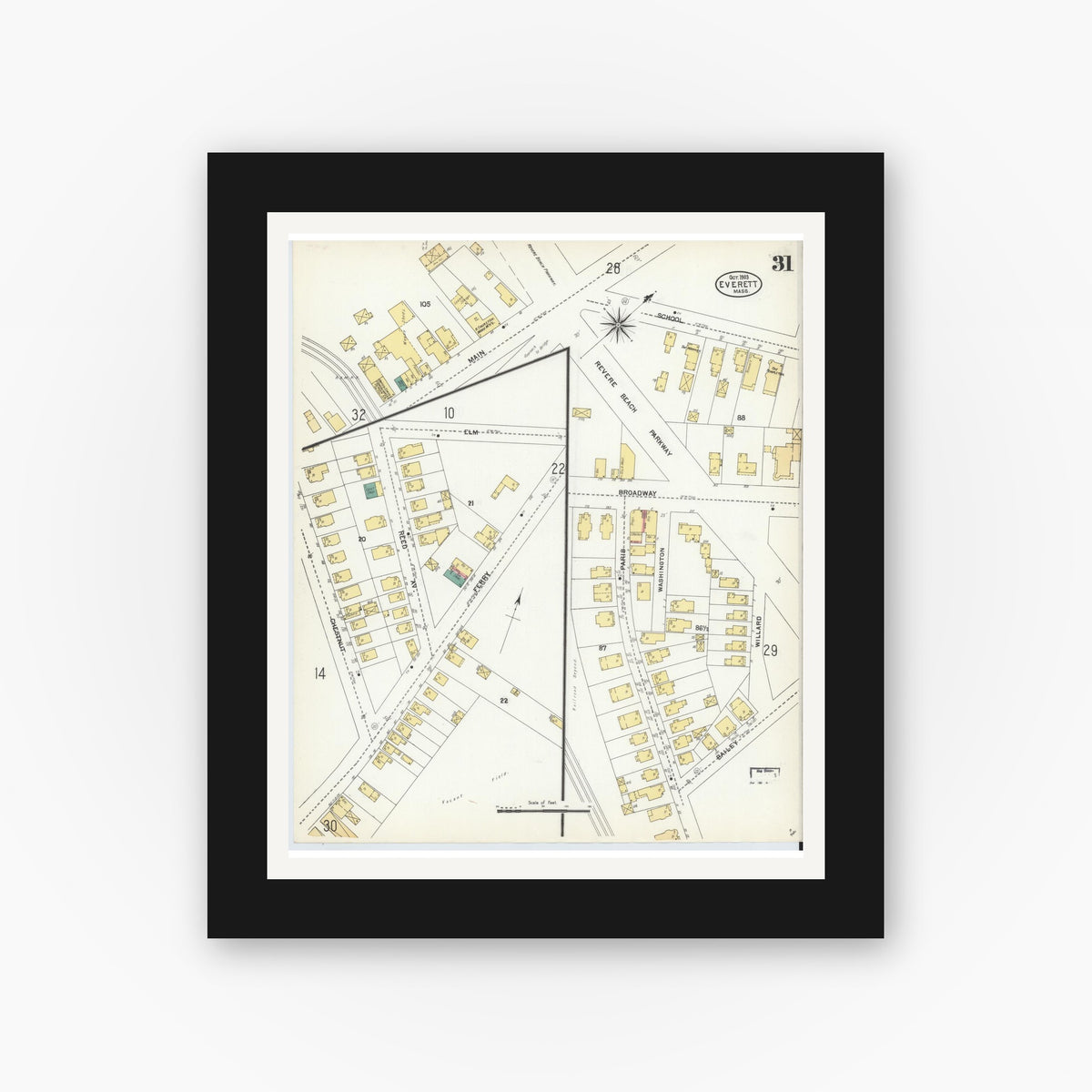 Old map wall art mockup — black gallery frame with white mat — Sanborn Fire Insurance Map from Everett, Middlesex County, Massachusetts (1903), Sheet #0031