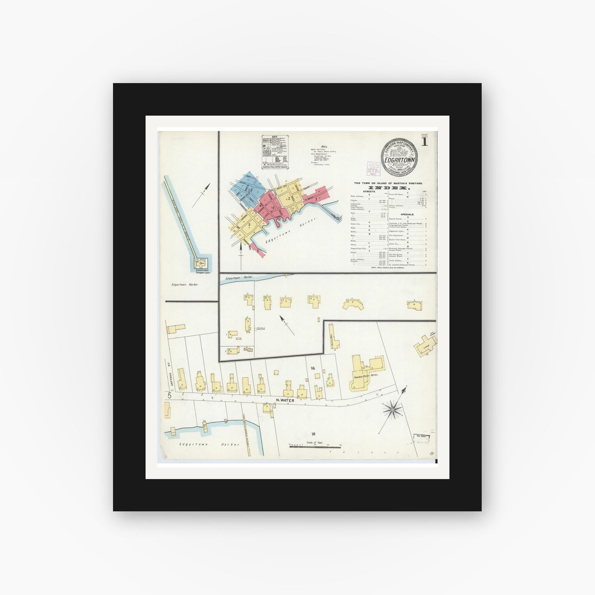 Old map wall art mockup — black gallery frame with white mat — Sanborn Fire Insurance Map from Edgartown, Dukes County, Massachusetts (1904) - Complete Map Set