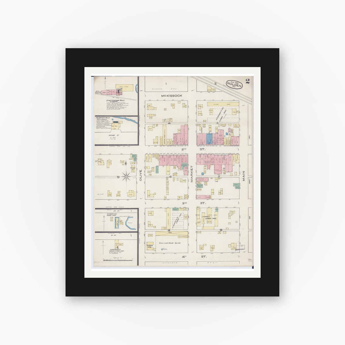 Old map wall art mockup — black gallery frame with white mat — Sanborn Fire Insurance Map from Holden, Johnson County, Missouri (1885), Sheet #0002