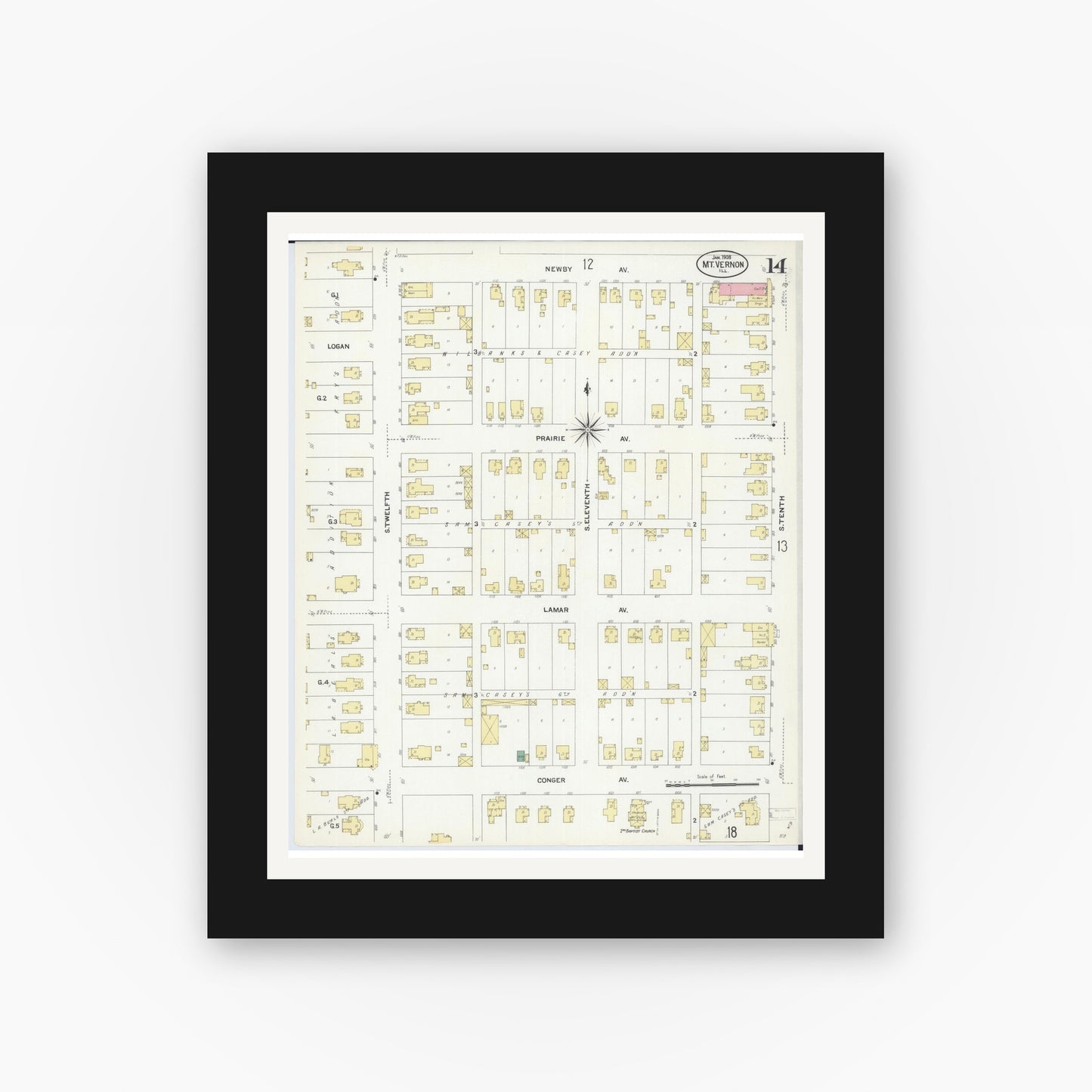 Old map wall art mockup — black gallery frame with white mat — Sanborn Fire Insurance Map from Mount Vernon, Jefferson County, Illinois (1908), Sheet #0014