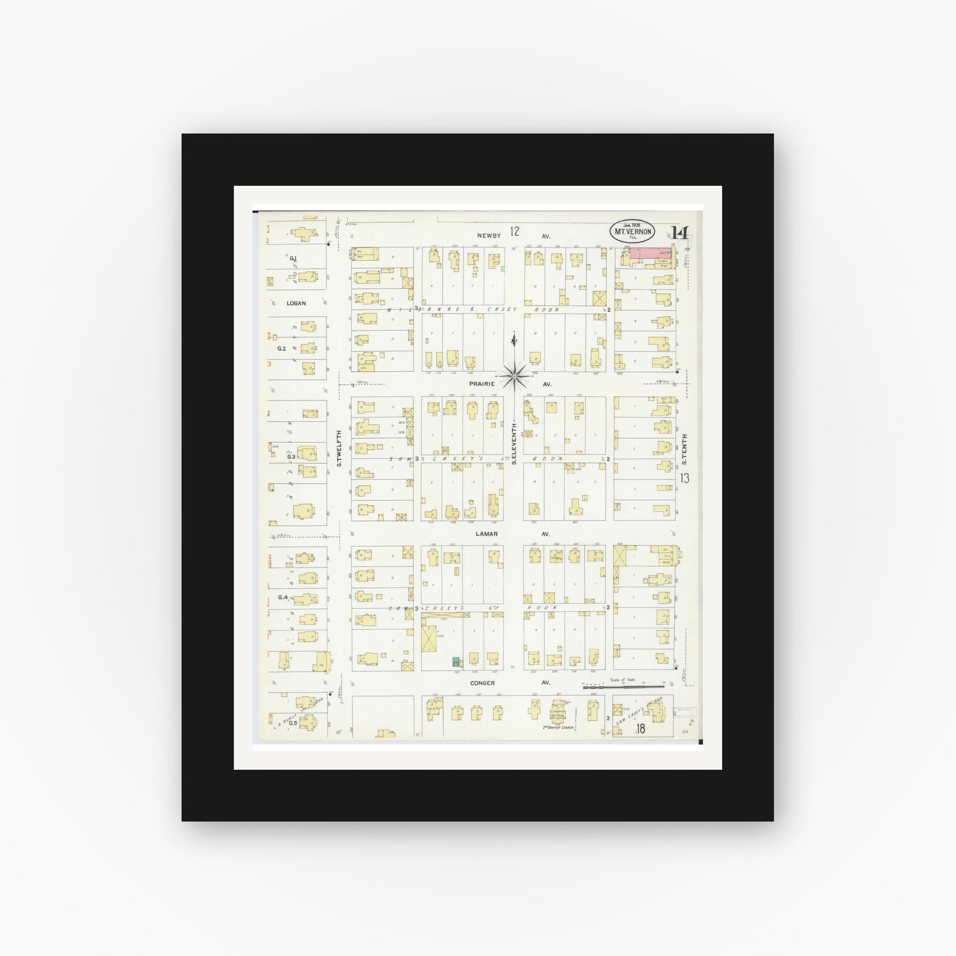 Old map wall art mockup — black gallery frame with white mat — Sanborn Fire Insurance Map from Mount Vernon, Jefferson County, Illinois (1908), Sheet #0014
