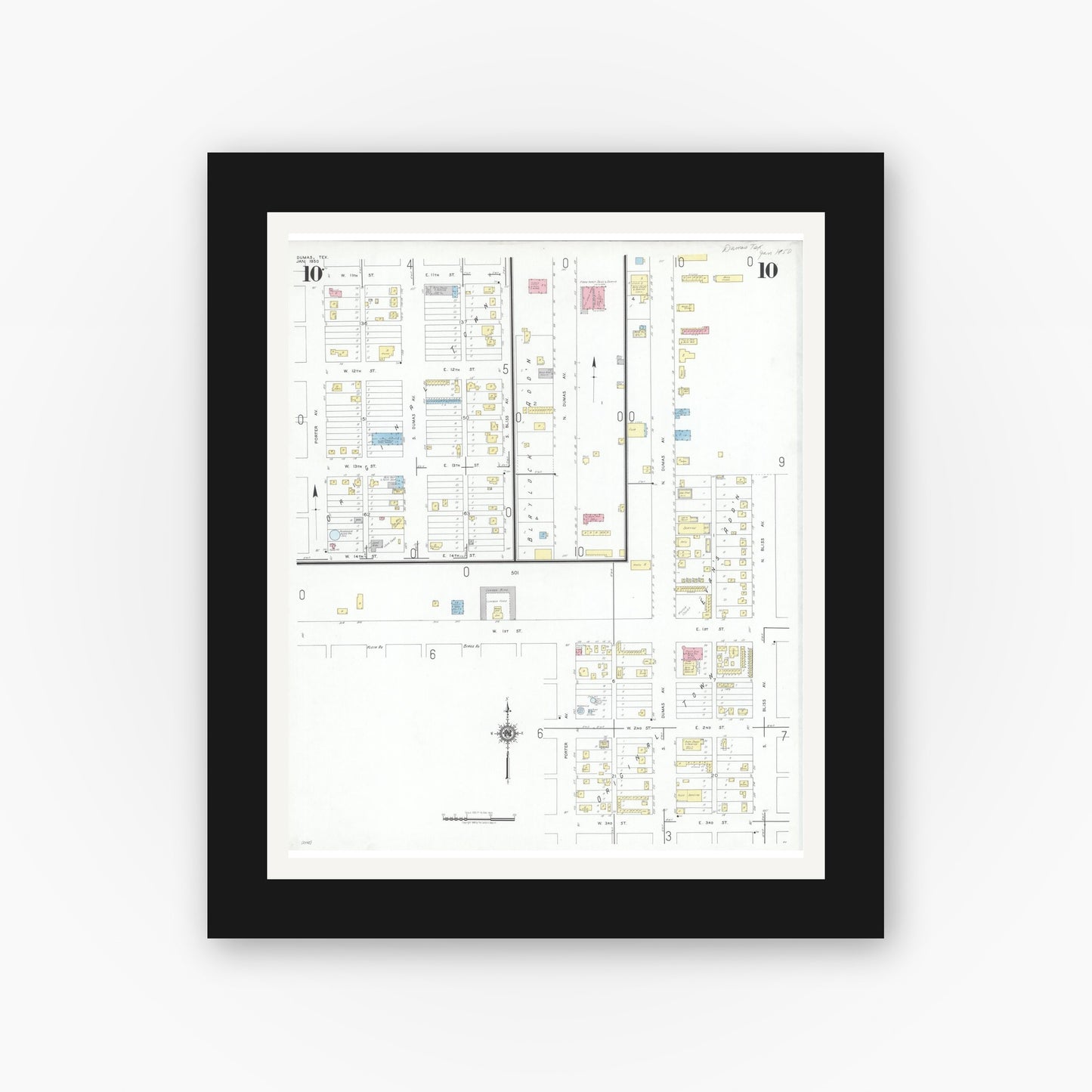 Old map wall art mockup — black gallery frame with white mat — Sanborn Fire Insurance Map from Dumas, Moore County, Texas (1950), Sheet #0010
