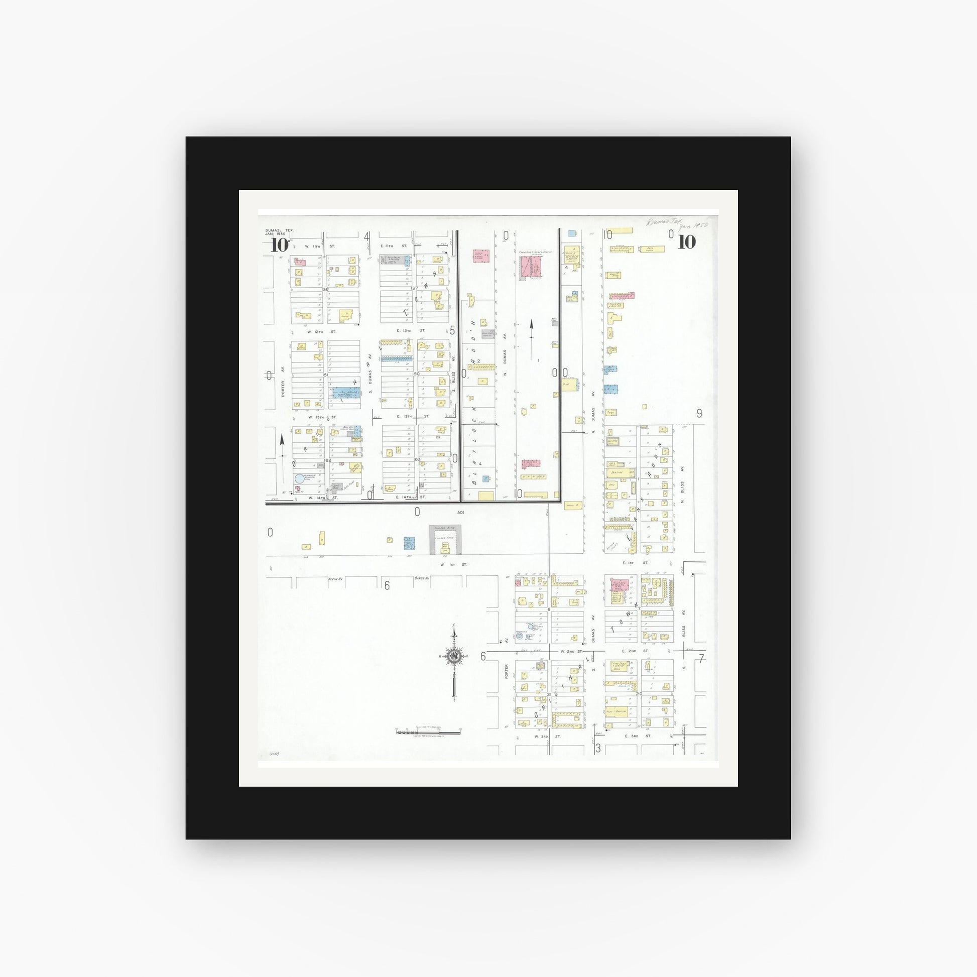 Old map wall art mockup — black gallery frame with white mat — Sanborn Fire Insurance Map from Dumas, Moore County, Texas (1950), Sheet #0010