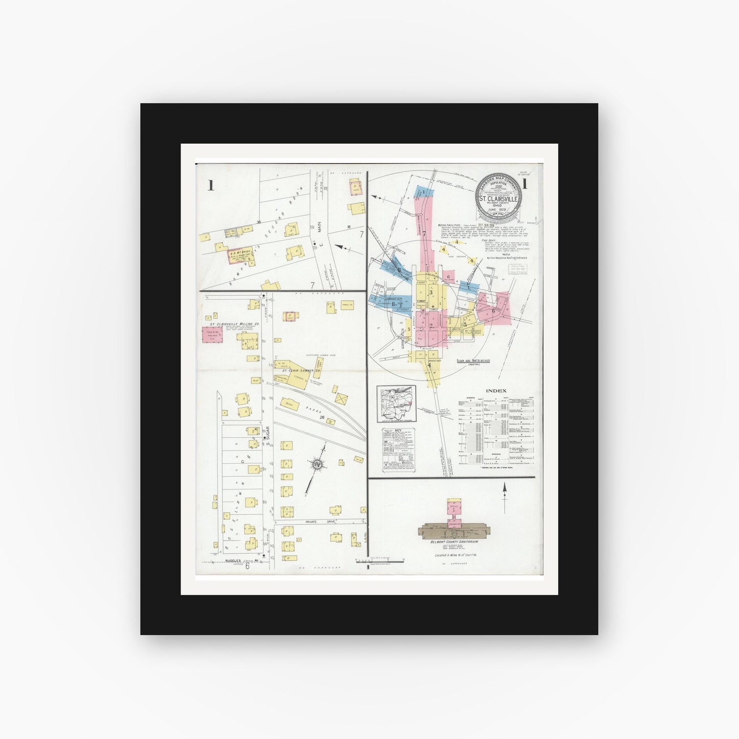Old map wall art mockup — black gallery frame with white mat — Sanborn Fire Insurance Map from Saint Clairsville, Belmont County, Ohio (1929) - Complete Map Set