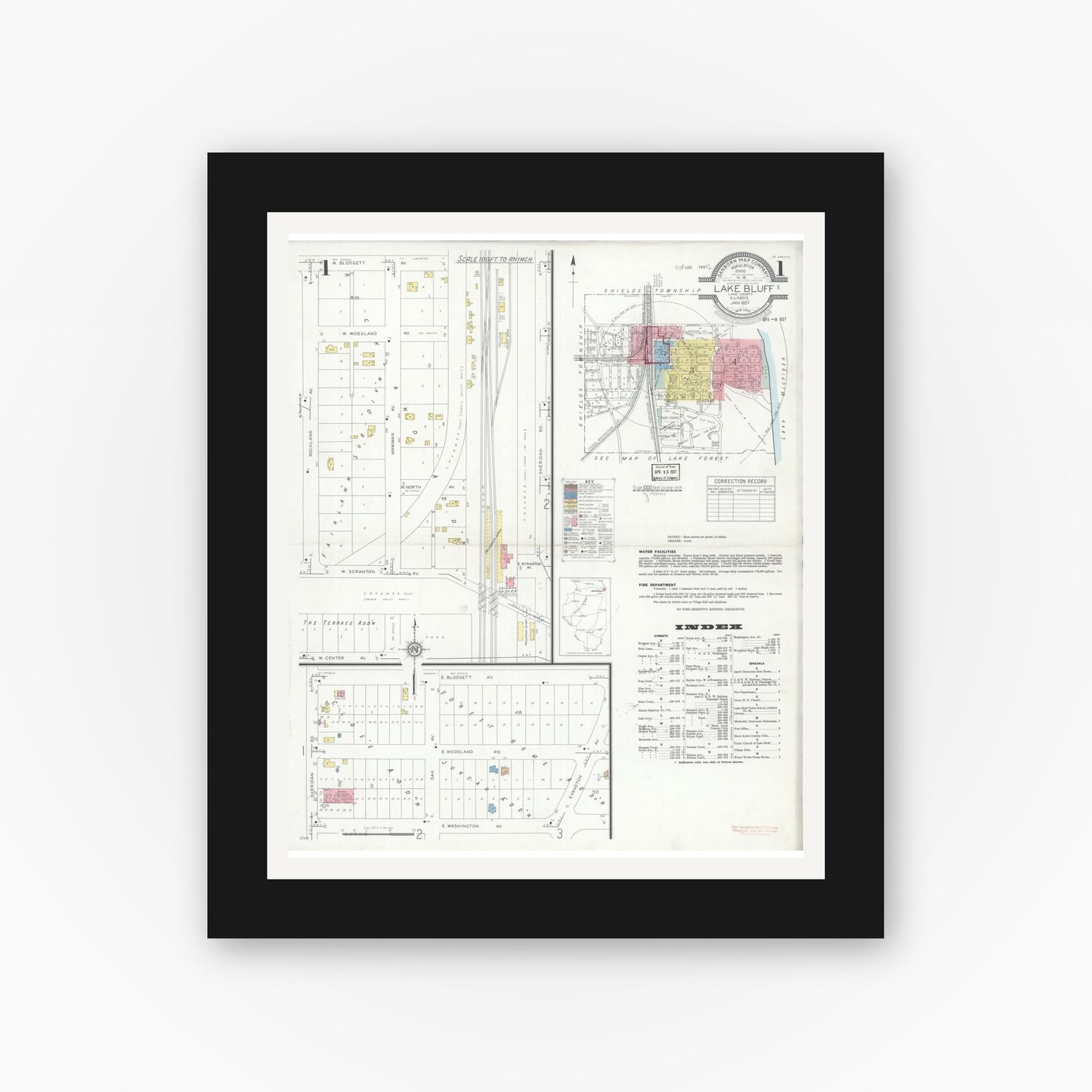 Old map wall art mockup — black gallery frame with white mat — Sanborn Fire Insurance Map from Lake Bluff, Lake County, Illinois (1937), Sheet #0001