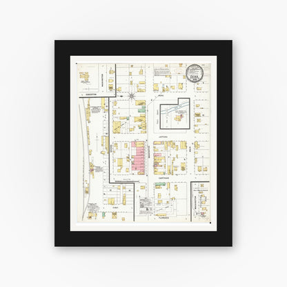 Old map wall art mockup — black gallery frame with white mat — Sanborn Fire Insurance Map from Exira, Audubon County, Iowa (1899), Sheet #0001