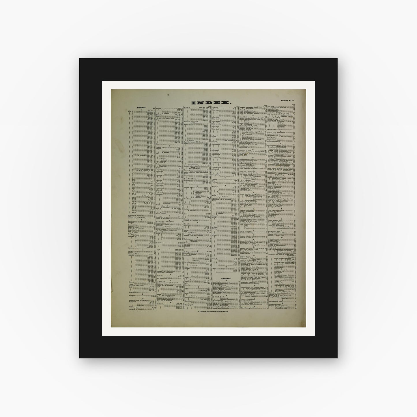 Old map wall art mockup — black gallery frame with white mat — Sanborn Fire Insurance Map from Wheeling, Ohio County, West Virginia (1902), Sheet #0001