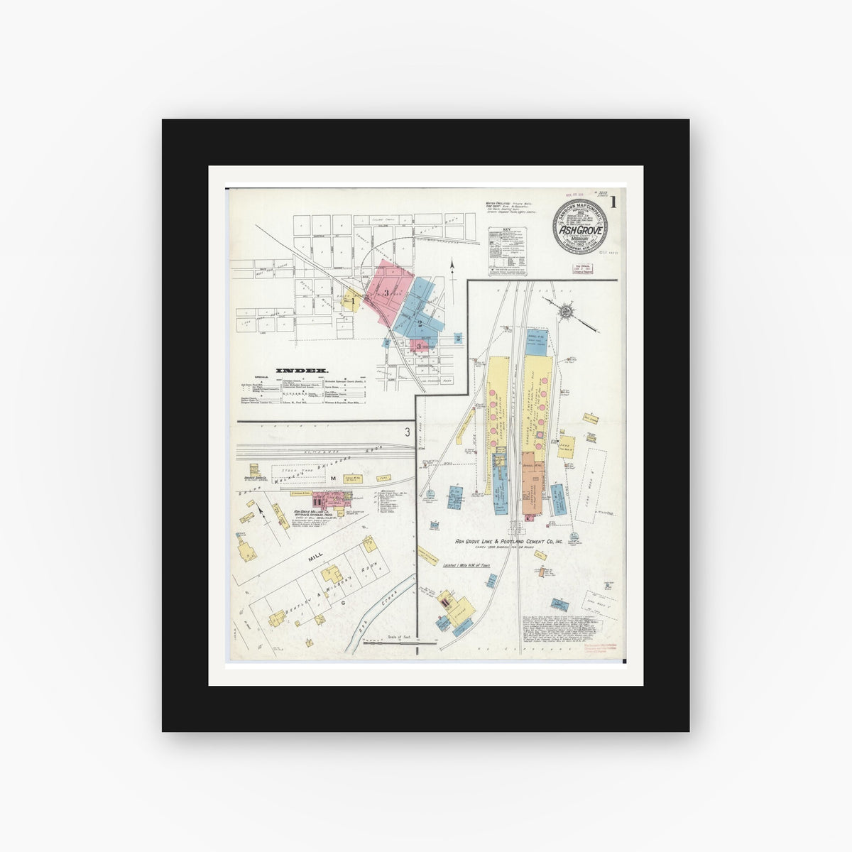 Old map wall art mockup — black gallery frame with white mat — Sanborn Fire Insurance Map from Ash Grove, Greene County, Missouri (1910) - Complete Map Set