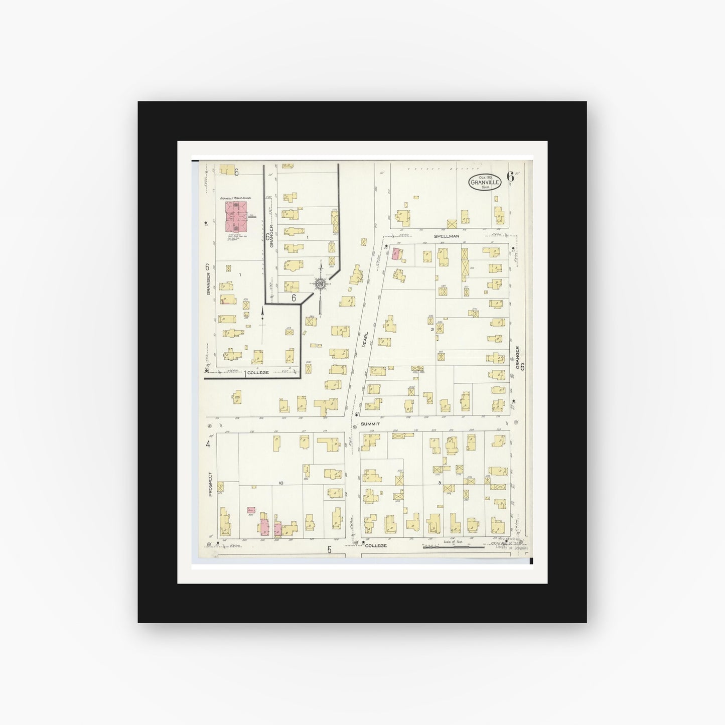 Old map wall art mockup — black gallery frame with white mat — Sanborn Fire Insurance Map from Granville, Licking County, Ohio (1913), Sheet #0006