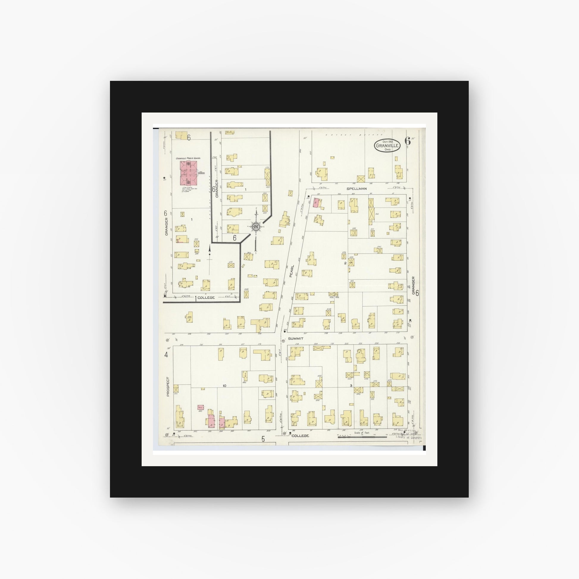 Old map wall art mockup — black gallery frame with white mat — Sanborn Fire Insurance Map from Granville, Licking County, Ohio (1913), Sheet #0006