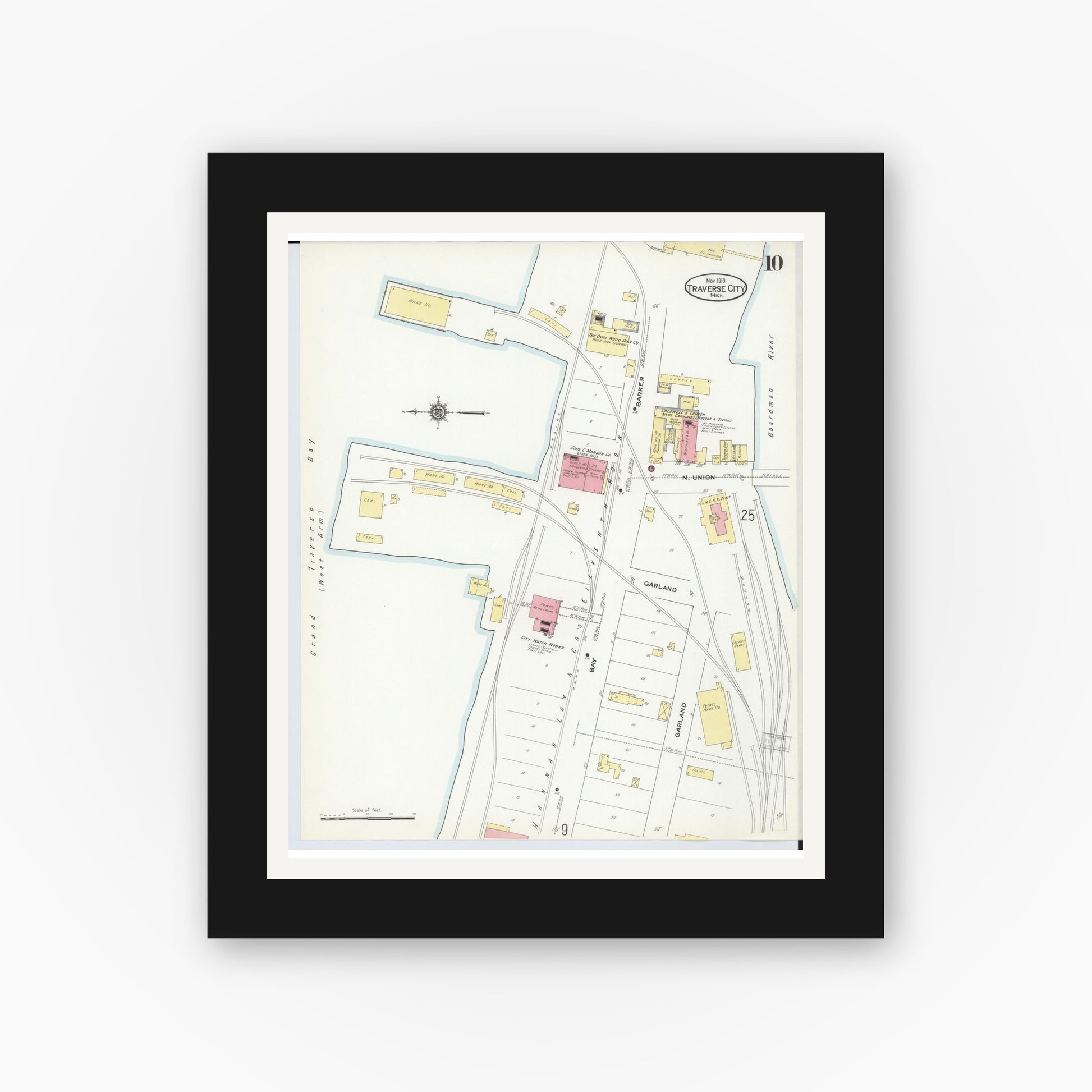 Old map wall art mockup — black gallery frame with white mat — Sanborn Fire Insurance Map from Traverse City, Grand Traverse County, Michigan (1910), Sheet #0010
