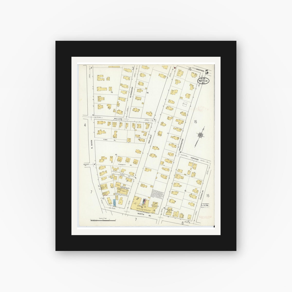 Old map wall art mockup — black gallery frame with white mat — Sanborn Fire Insurance Map from Natick, Middlesex County, Massachusetts (1915), Sheet #0005