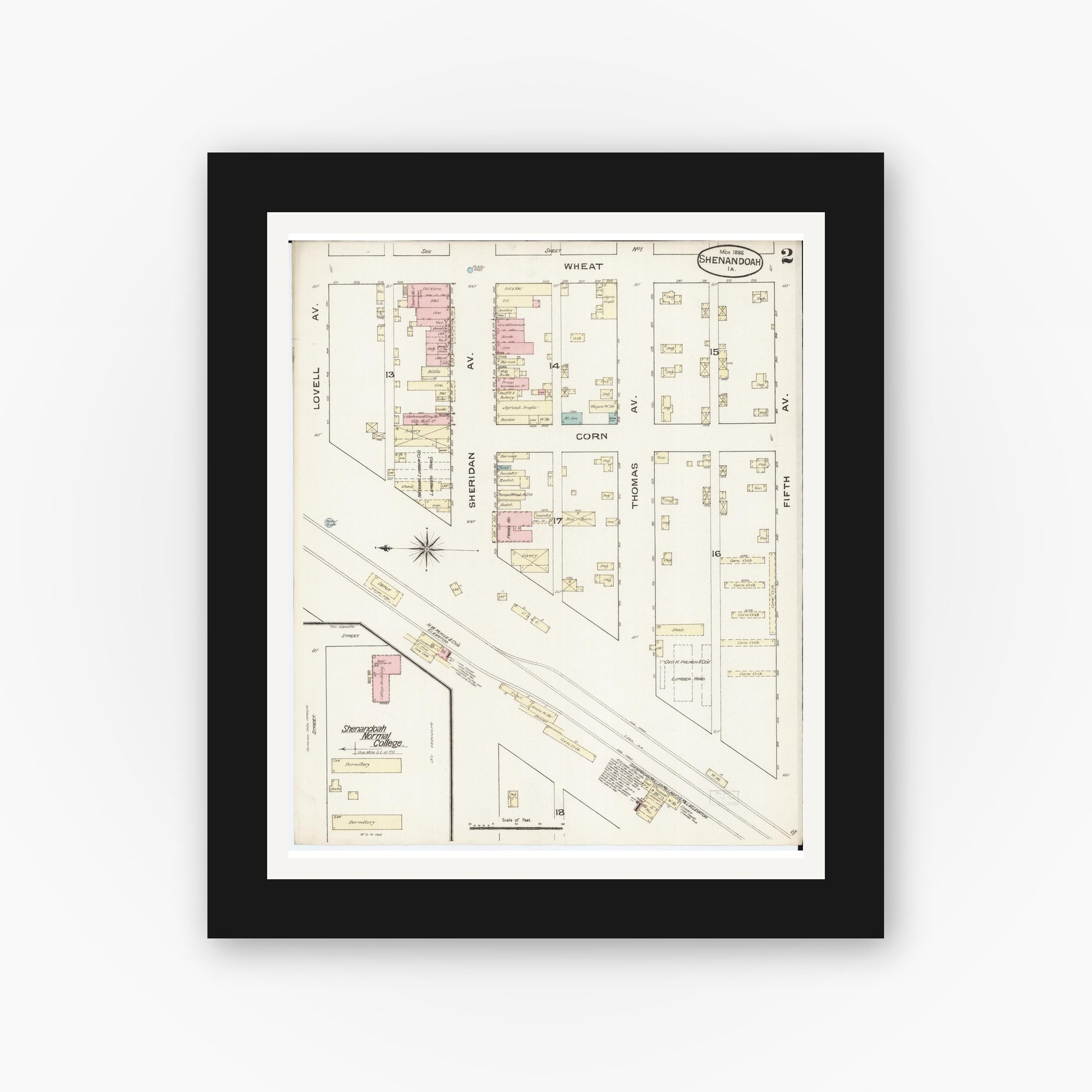 Old map wall art mockup — black gallery frame with white mat — Sanborn Fire Insurance Map from Shenandoah, Page County, Iowa (1886), Sheet #0002