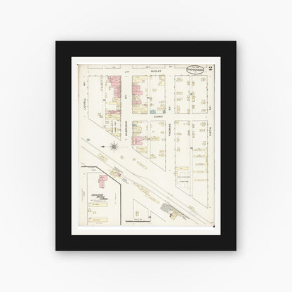 Old map wall art mockup — black gallery frame with white mat — Sanborn Fire Insurance Map from Shenandoah, Page County, Iowa (1886), Sheet #0002