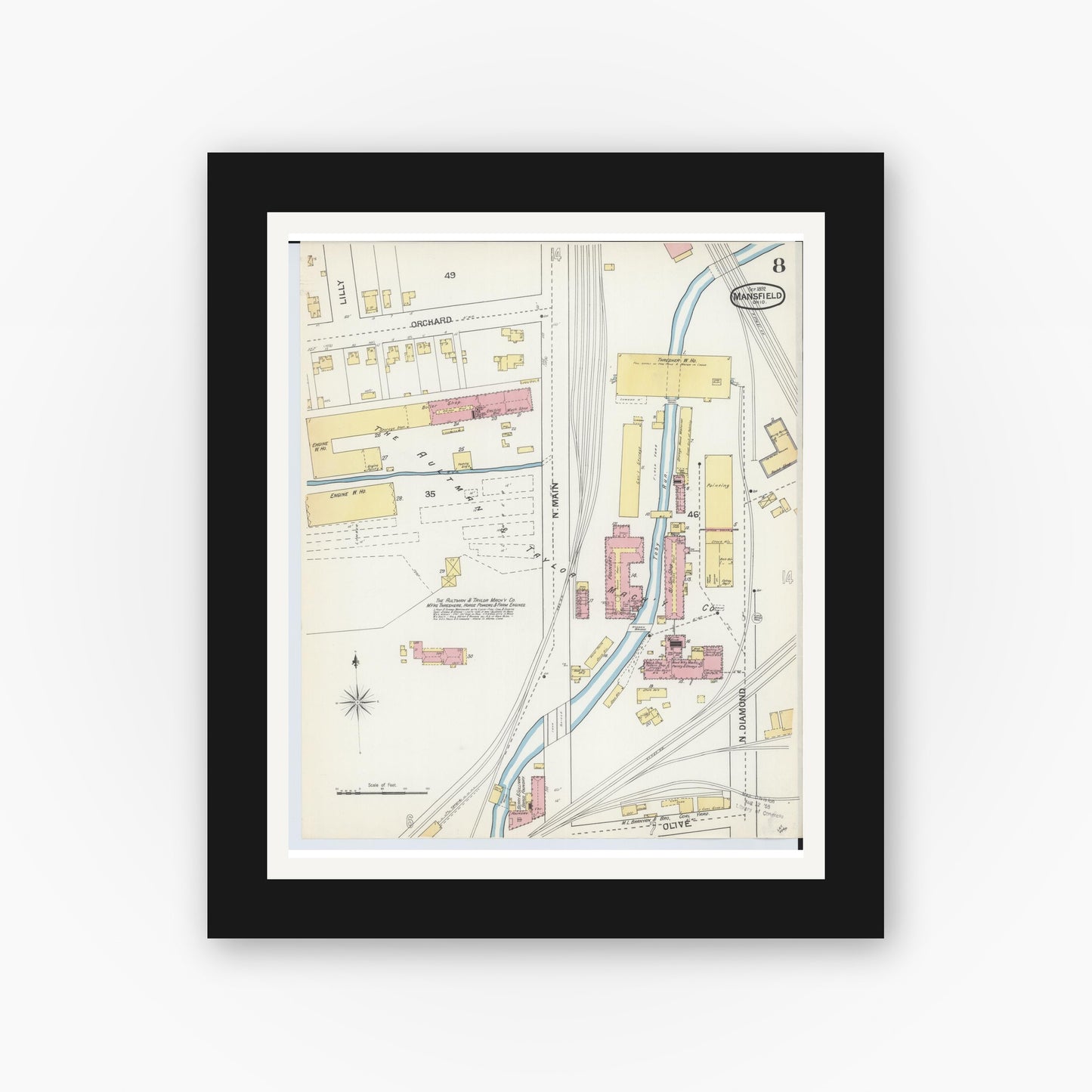 Old map wall art mockup — black gallery frame with white mat — Sanborn Fire Insurance Map from Mansfield, Richland County, Ohio (1892), Sheet #0008