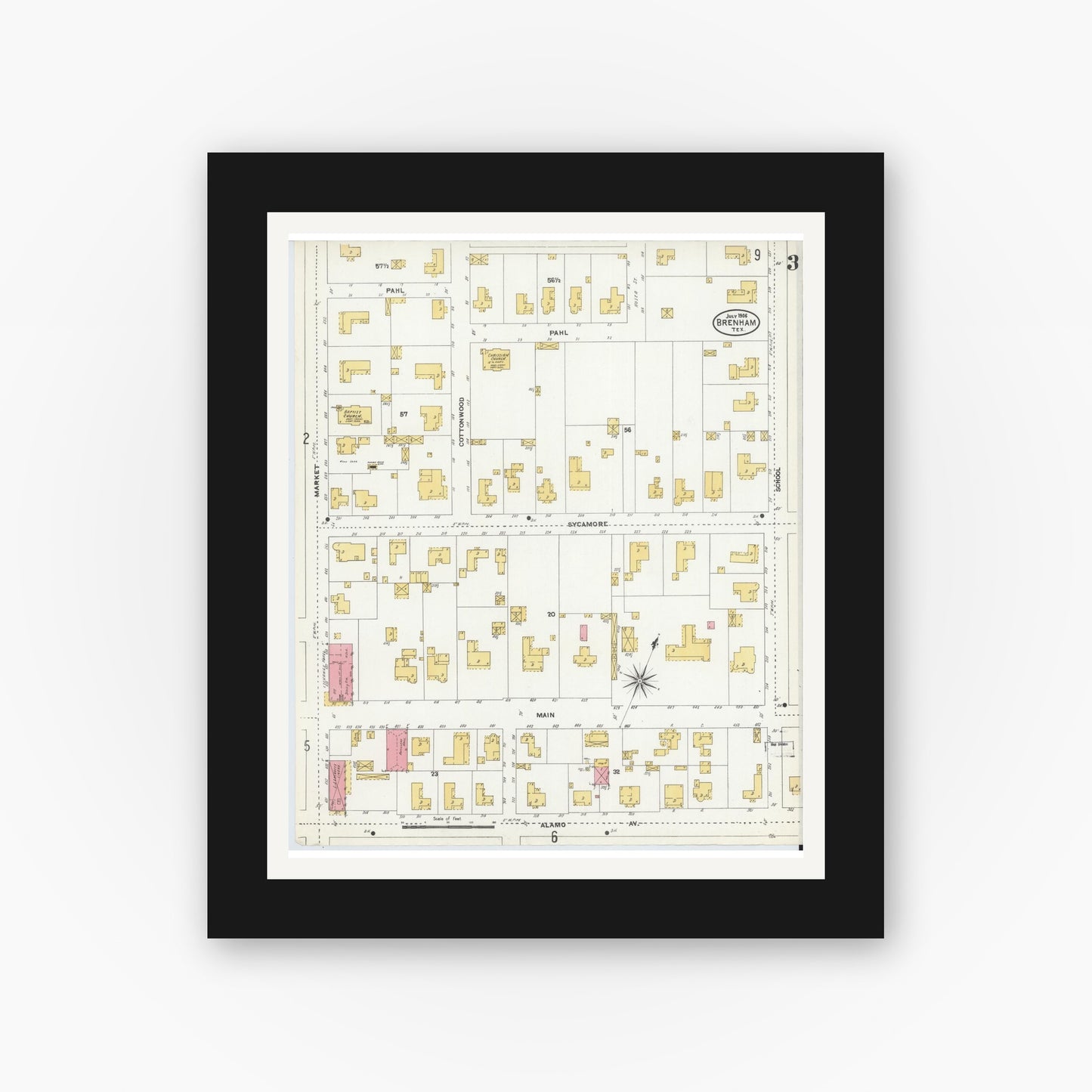 Old map wall art mockup — black gallery frame with white mat — Sanborn Fire Insurance Map from Brenham, Washington County, Texas (1906), Sheet #0003