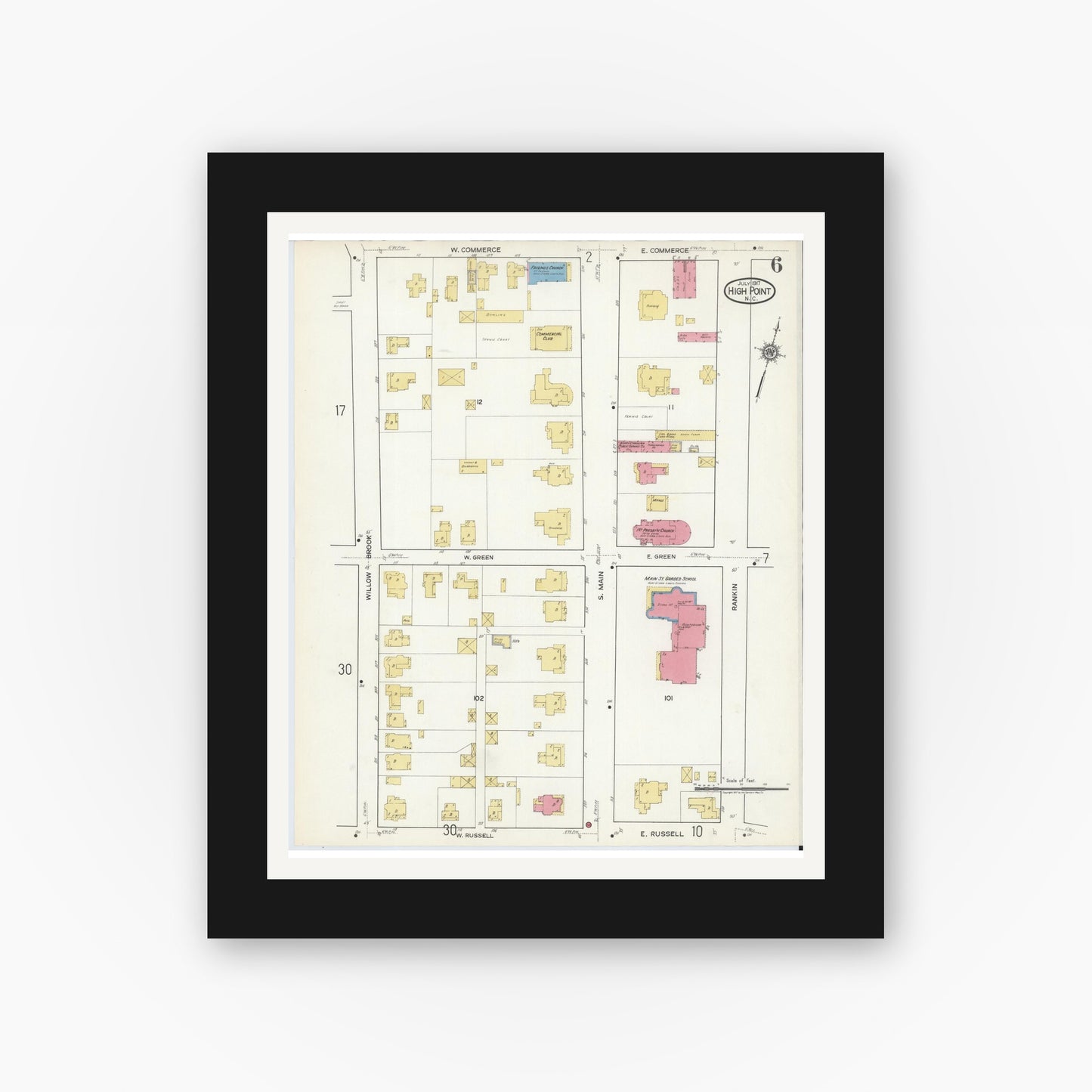 Old map wall art mockup — black gallery frame with white mat — Sanborn Fire Insurance Map from High Point, Guilford County, North Carolina (1917), Sheet #0006