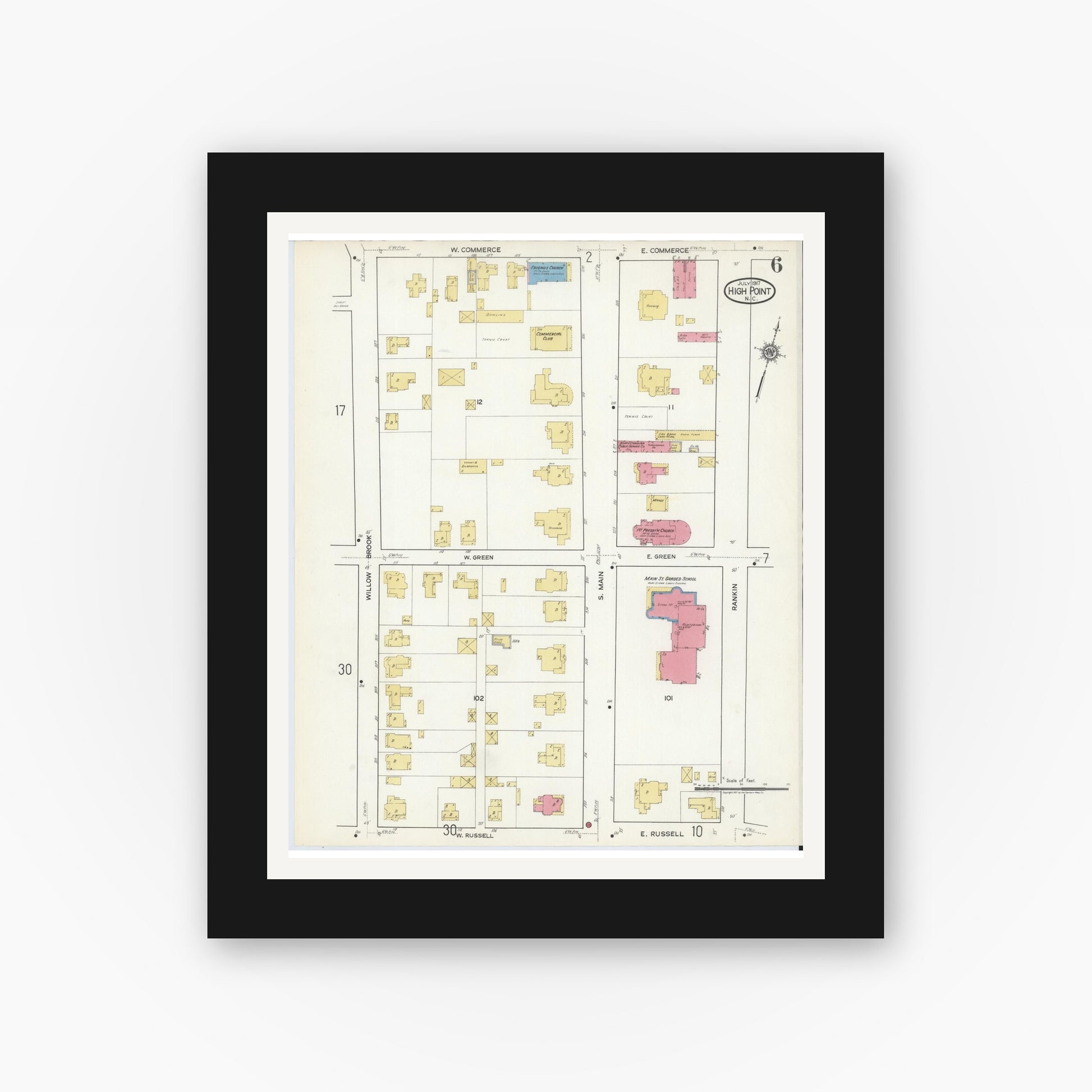 Old map wall art mockup — black gallery frame with white mat — Sanborn Fire Insurance Map from High Point, Guilford County, North Carolina (1917), Sheet #0006