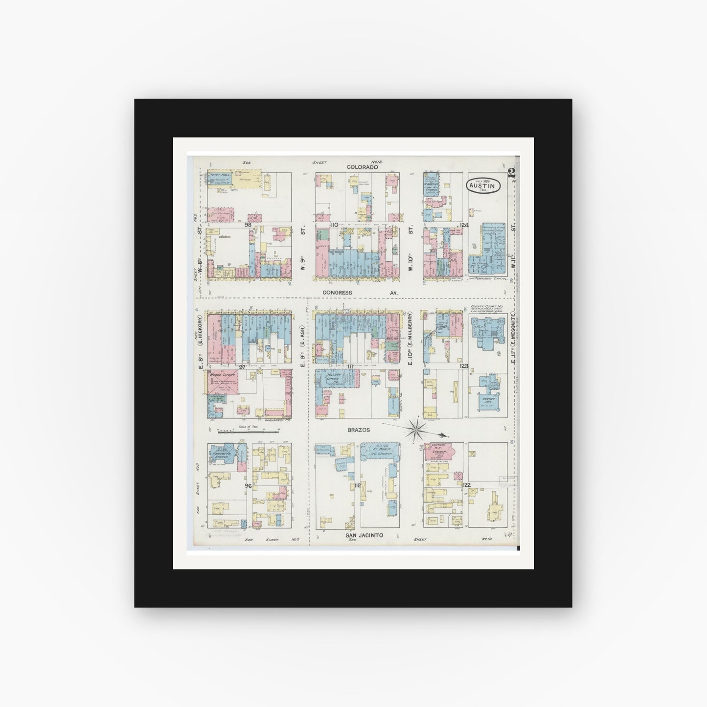 Old map wall art mockup — black gallery frame with white mat — Sanborn Fire Insurance Map from Austin, Travis County, Texas (1889), Sheet #0002