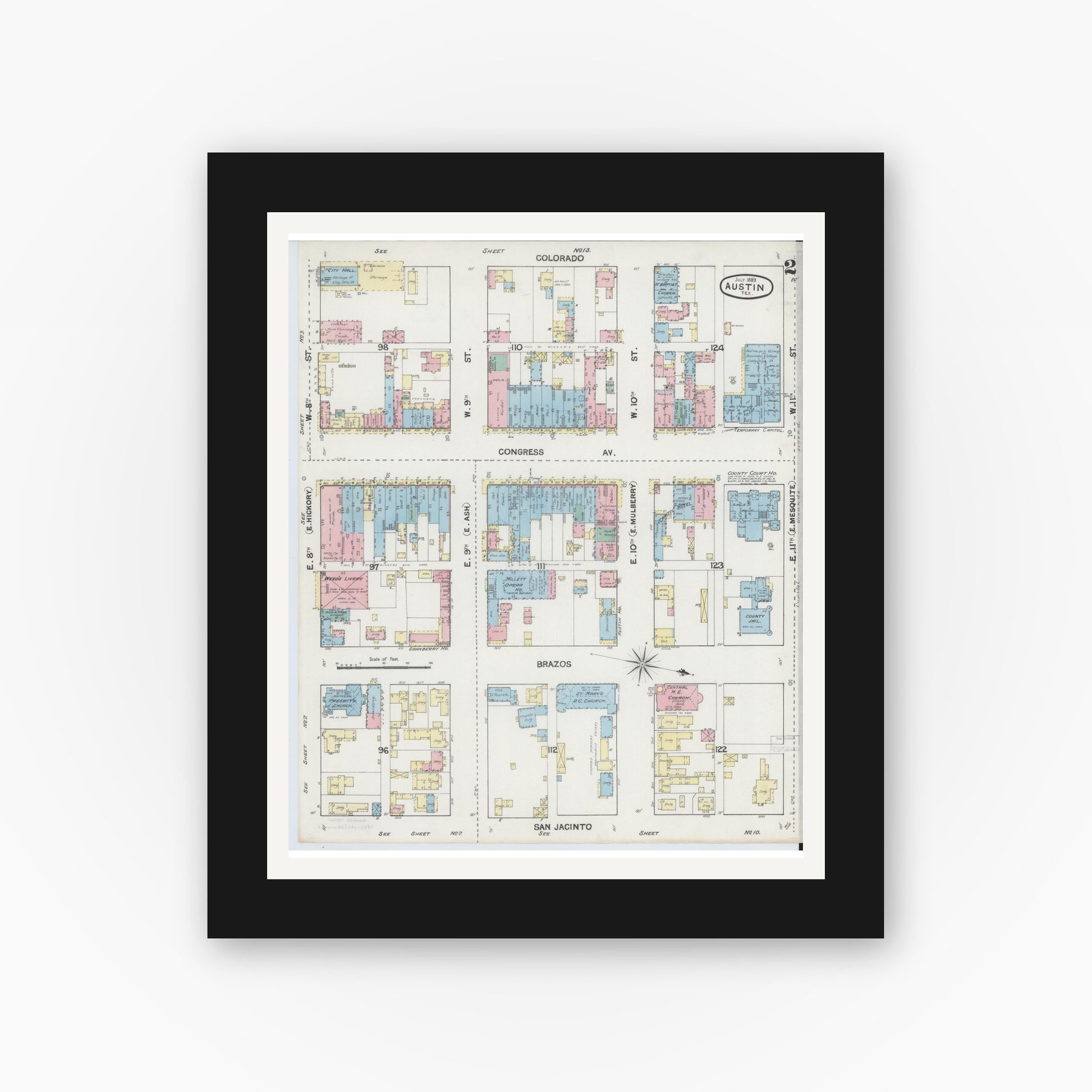 Old map wall art mockup — black gallery frame with white mat — Sanborn Fire Insurance Map from Austin, Travis County, Texas (1889), Sheet #0002