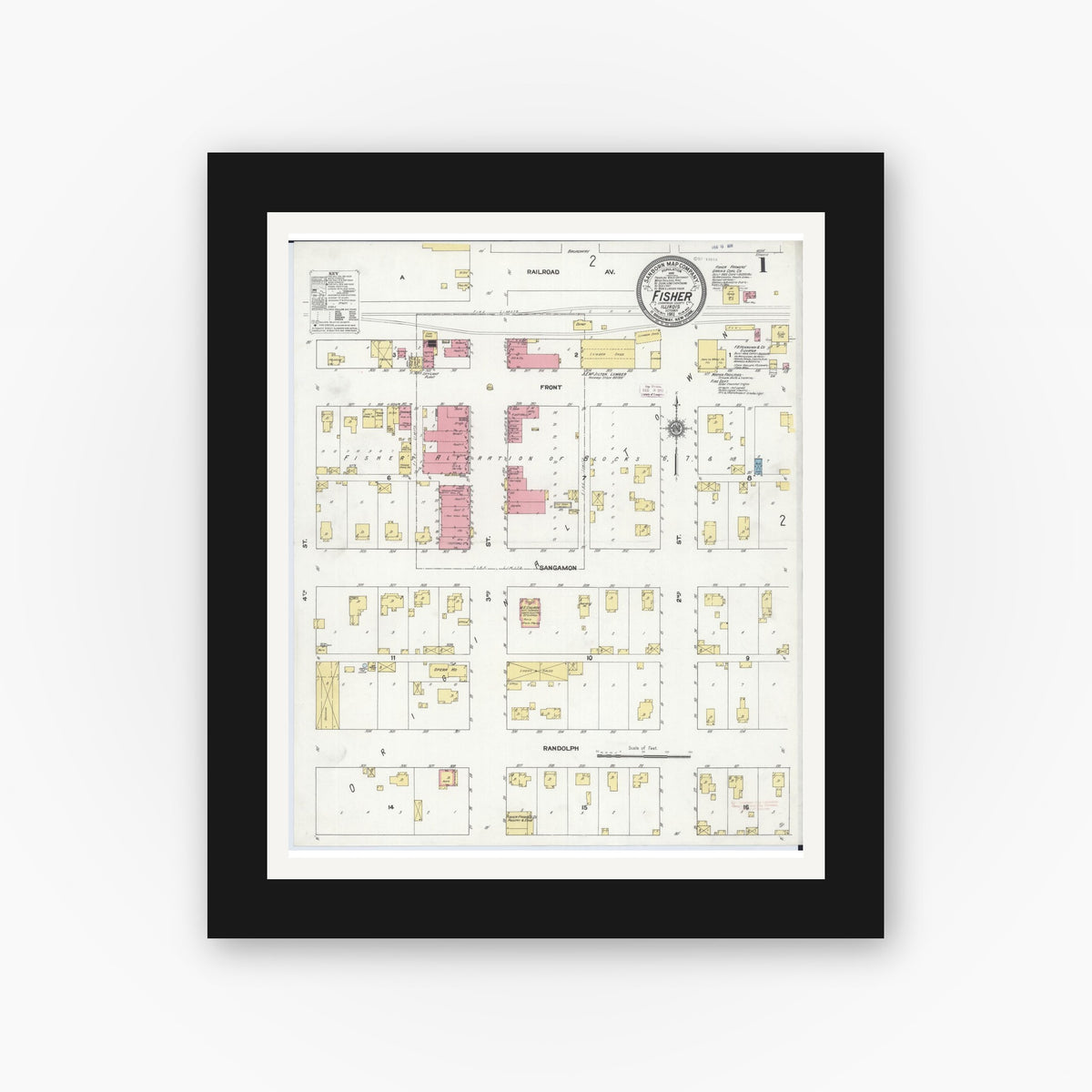 Old map wall art mockup — black gallery frame with white mat — Sanborn Fire Insurance Map from Fisher, Champaign County, Illinois (1911) - Complete Map Set