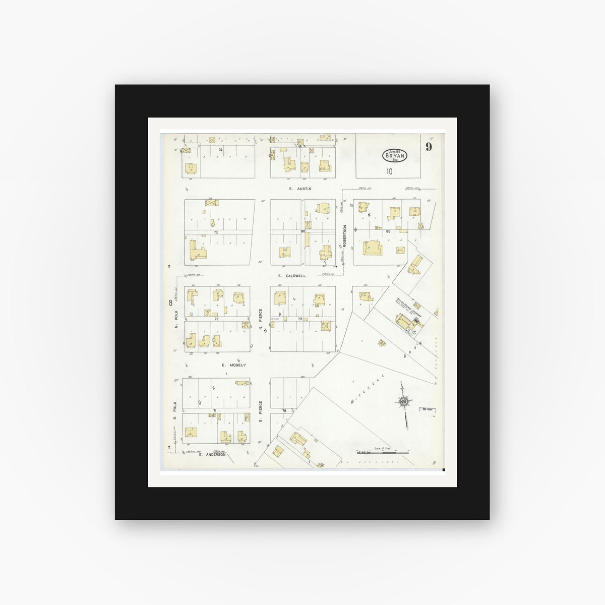 Old map wall art mockup — black gallery frame with white mat — Sanborn Fire Insurance Map from Bryan, Brazos County, Texas (1912), Sheet #0009