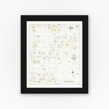 Old map wall art mockup — black gallery frame with white mat — Sanborn Fire Insurance Map from Bryan, Brazos County, Texas (1912), Sheet #0009