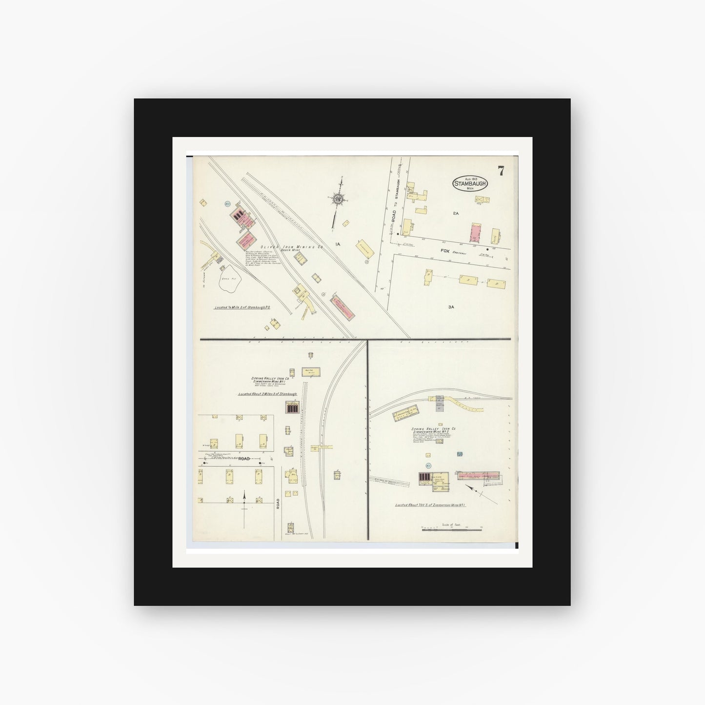 Old map wall art mockup — black gallery frame with white mat — Sanborn Fire Insurance Map from Stambaugh, Iron County, Michigan (1913), Sheet #0007