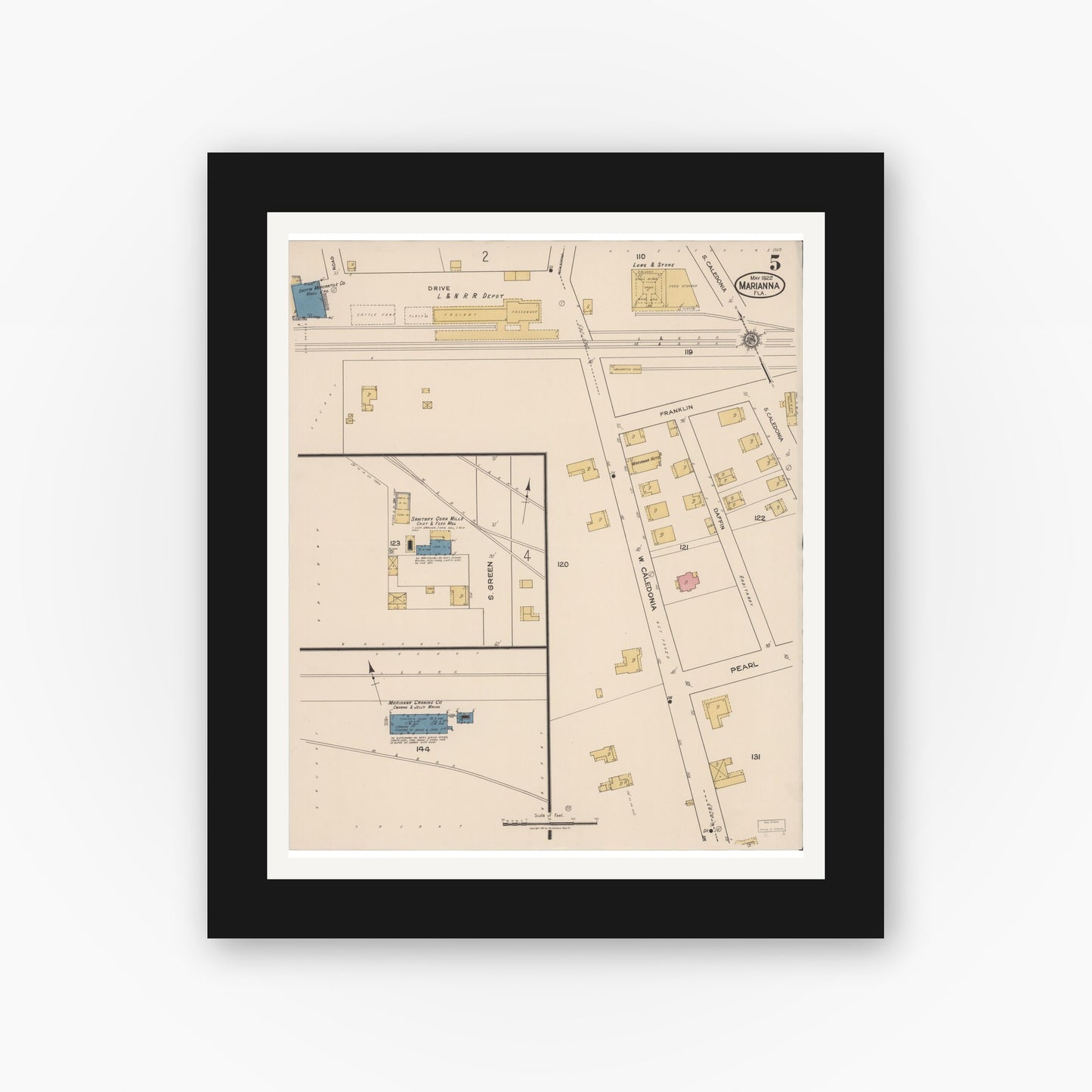 Old map wall art mockup — black gallery frame with white mat — Sanborn Fire Insurance Map from Marianna, Jackson County, Florida (1922), Sheet #0005