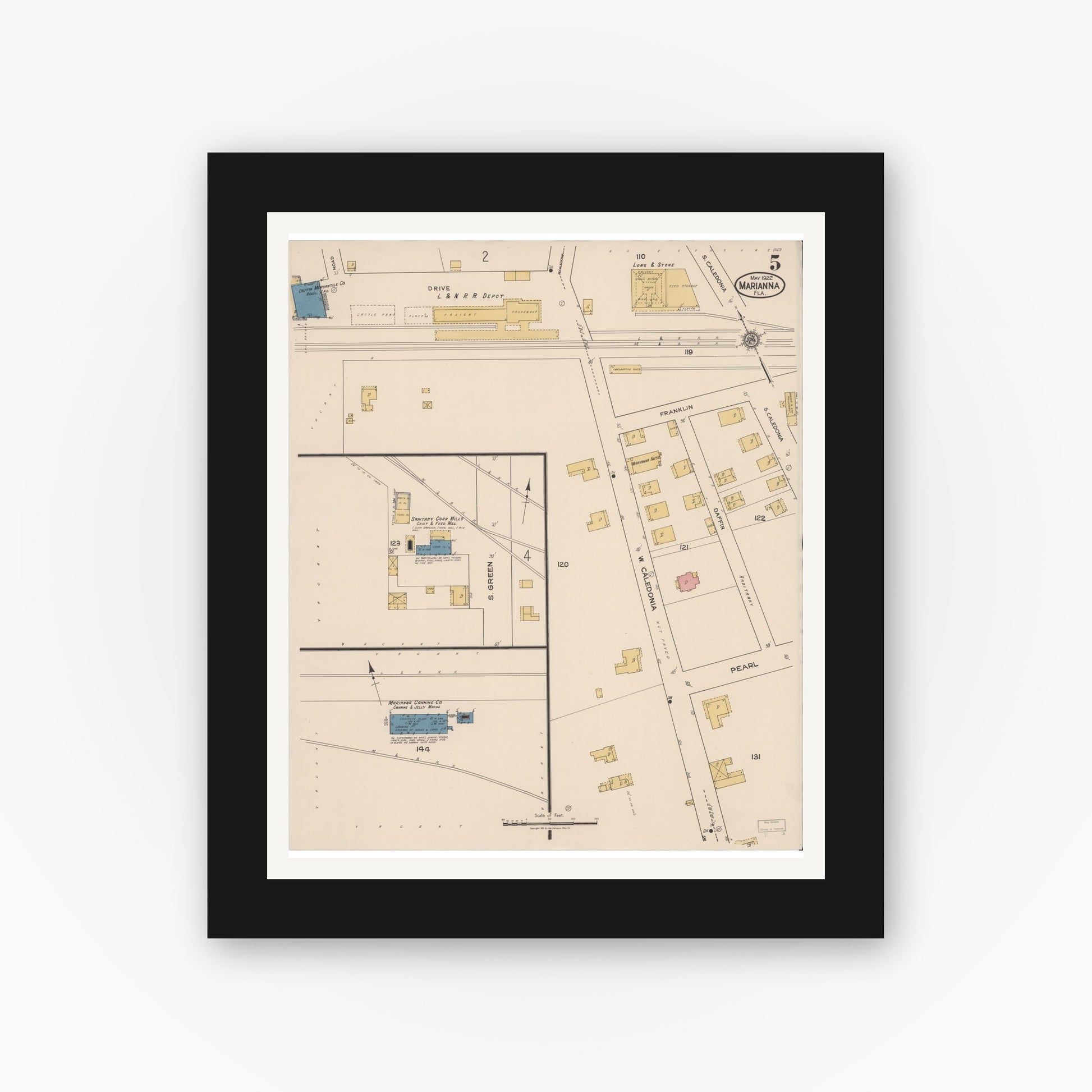 Old map wall art mockup — black gallery frame with white mat — Sanborn Fire Insurance Map from Marianna, Jackson County, Florida (1922), Sheet #0005
