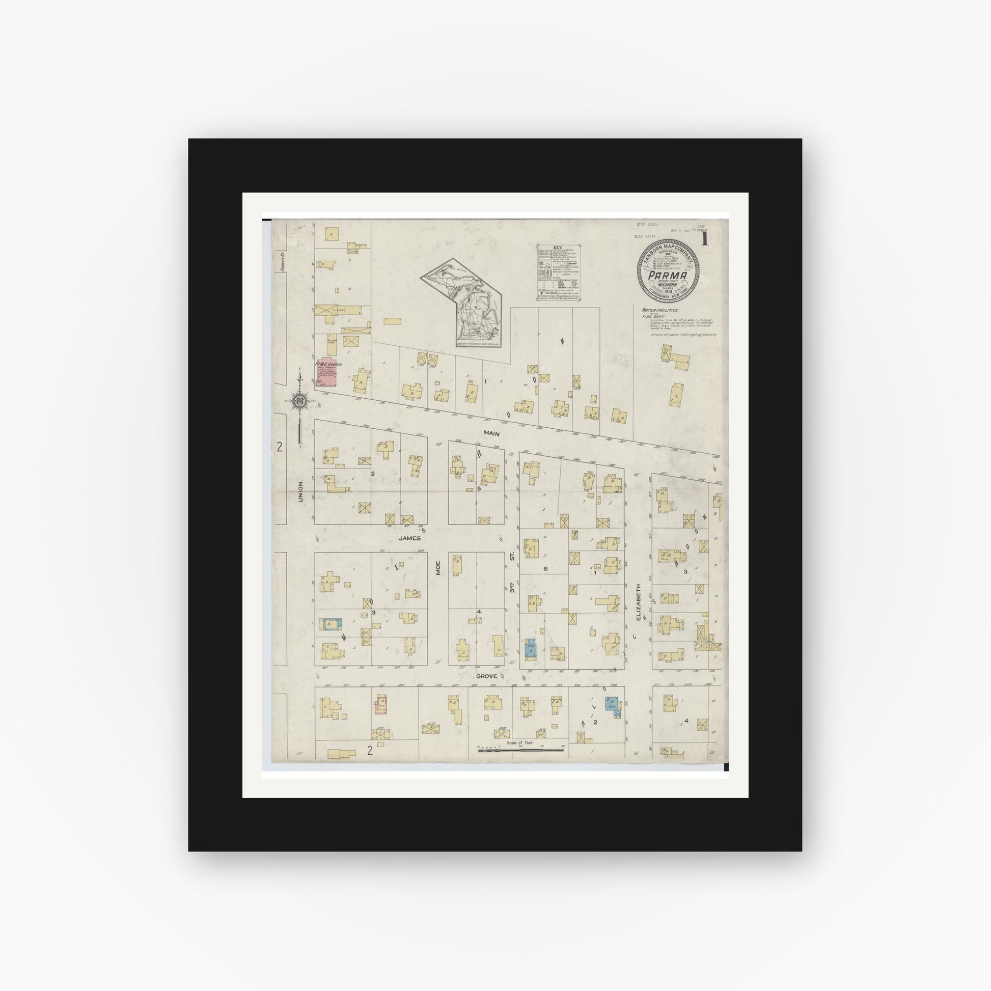Old map wall art mockup — black gallery frame with white mat — Sanborn Fire Insurance Map from Parma, Jackson County, Michigan (1913) - Complete Map Set