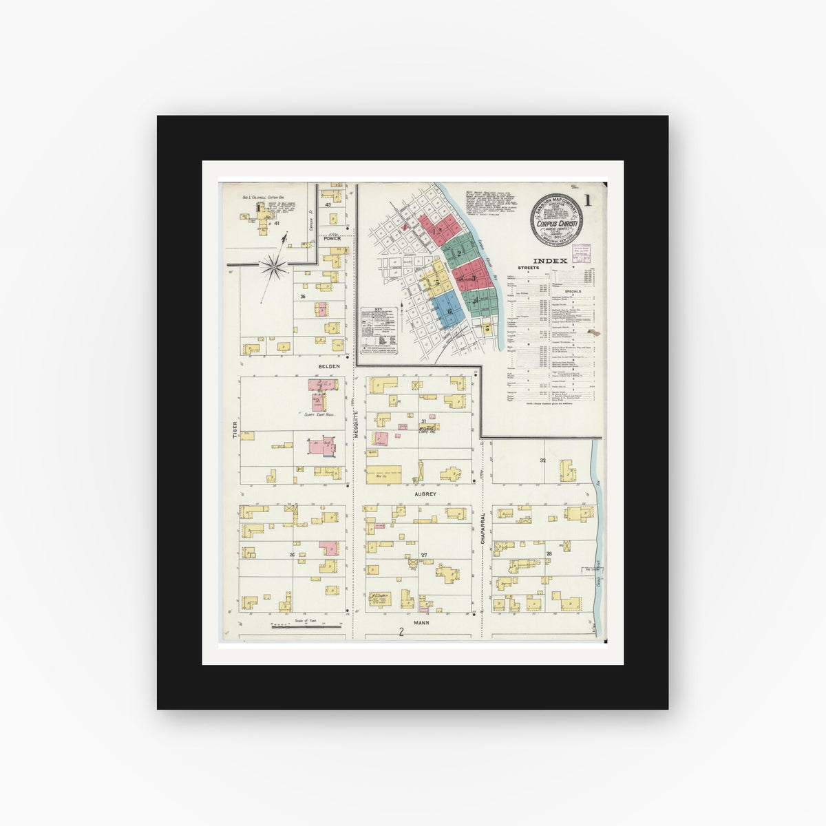 Old map wall art mockup — black gallery frame with white mat — Sanborn Fire Insurance Map from Corpus Christi, Nueces County, Texas (1906) - Complete Map Set