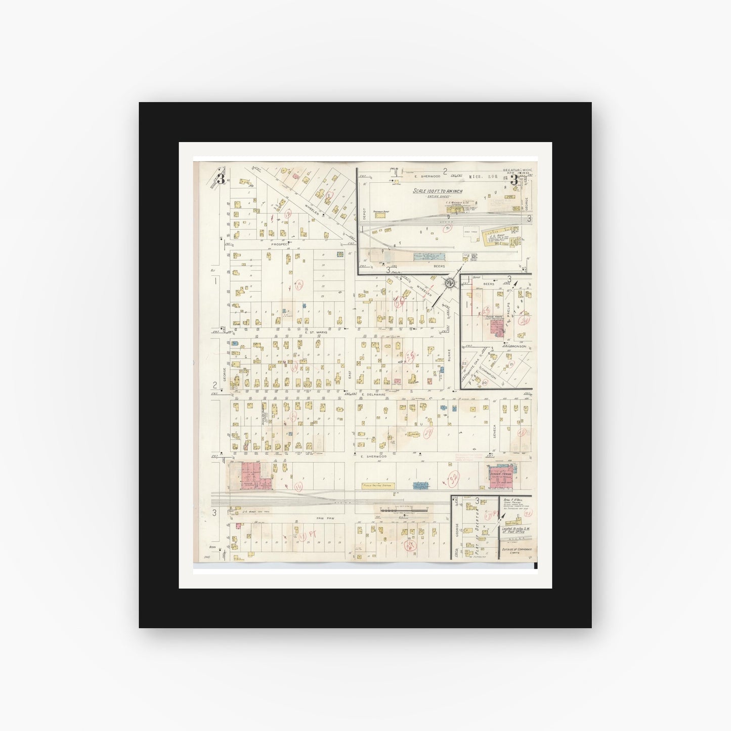 Old map wall art mockup — black gallery frame with white mat — Sanborn Fire Insurance Map from Decatur, Van Buren County, Michigan (1944), Sheet #0003