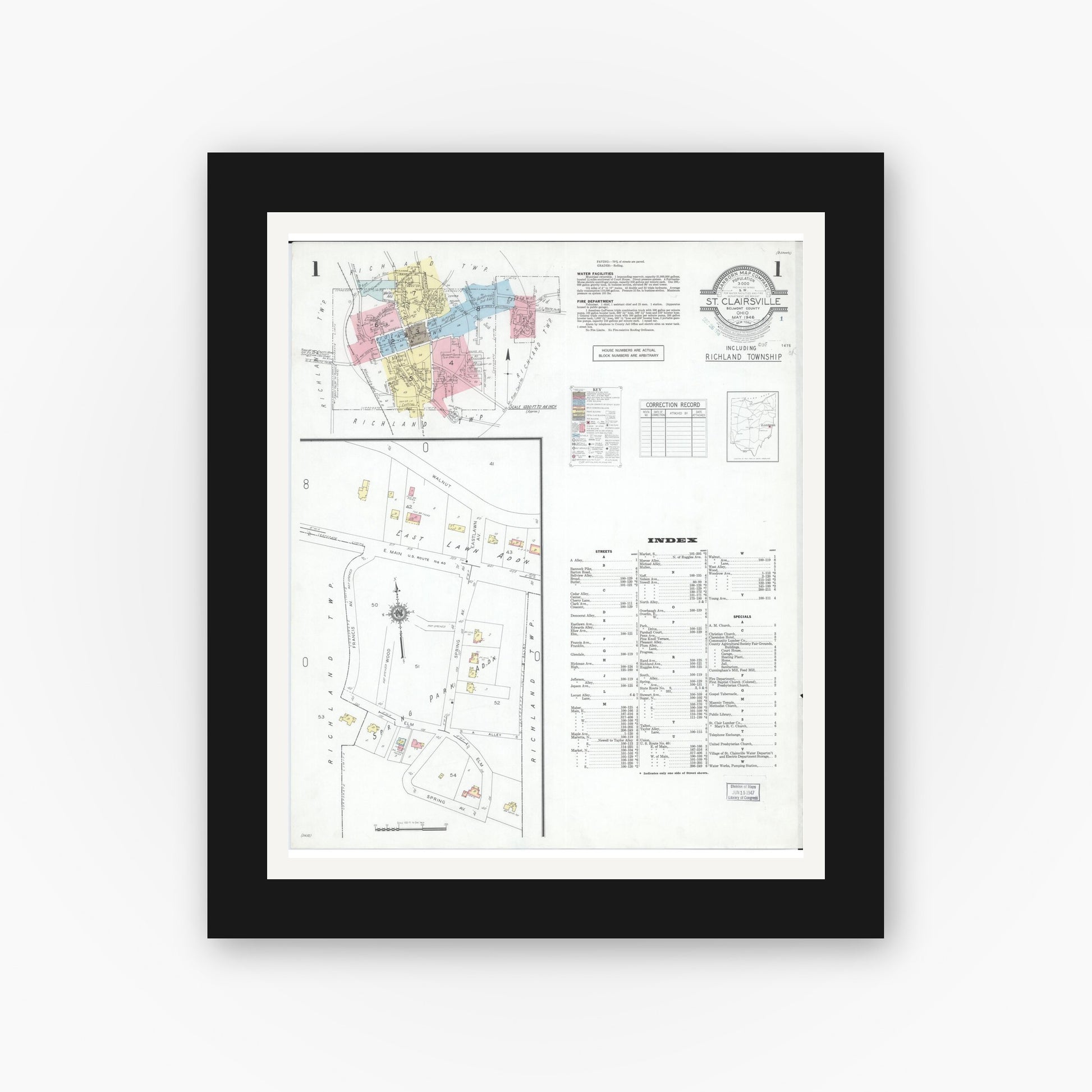 Old map wall art mockup — black gallery frame with white mat — Sanborn Fire Insurance Map from Saint Clairsville, Belmont County, Ohio (1946) - Complete Map Set