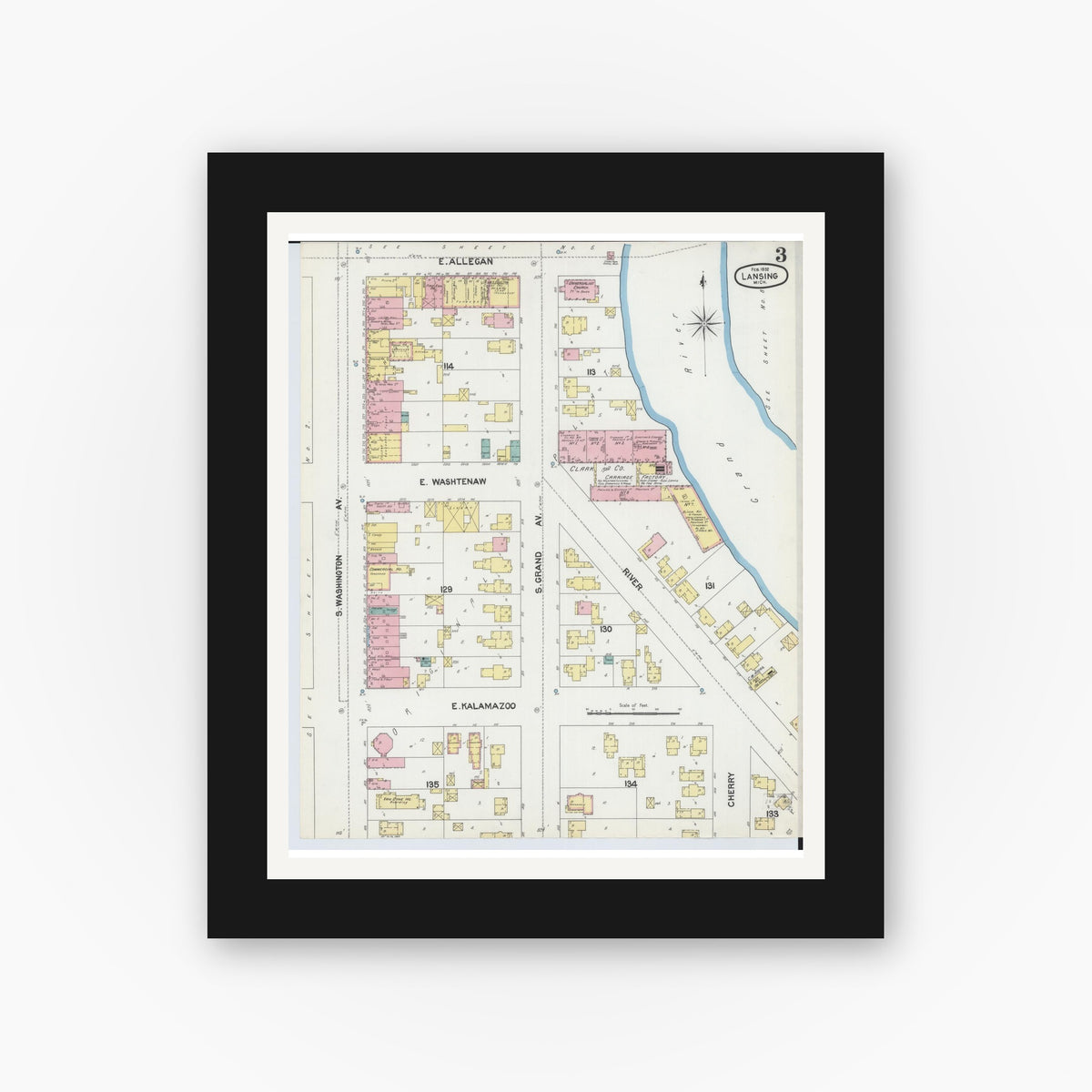 Old map wall art mockup — black gallery frame with white mat — Sanborn Fire Insurance Map from Lansing, Ingham County, Michigan (1892), Sheet #0003