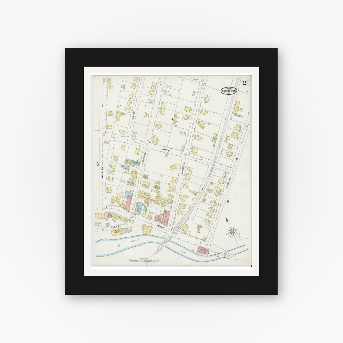 Old map wall art mockup — black gallery frame with white mat — Sanborn Fire Insurance Map from Boonton, Morris County, New Jersey (1896), Sheet #0002