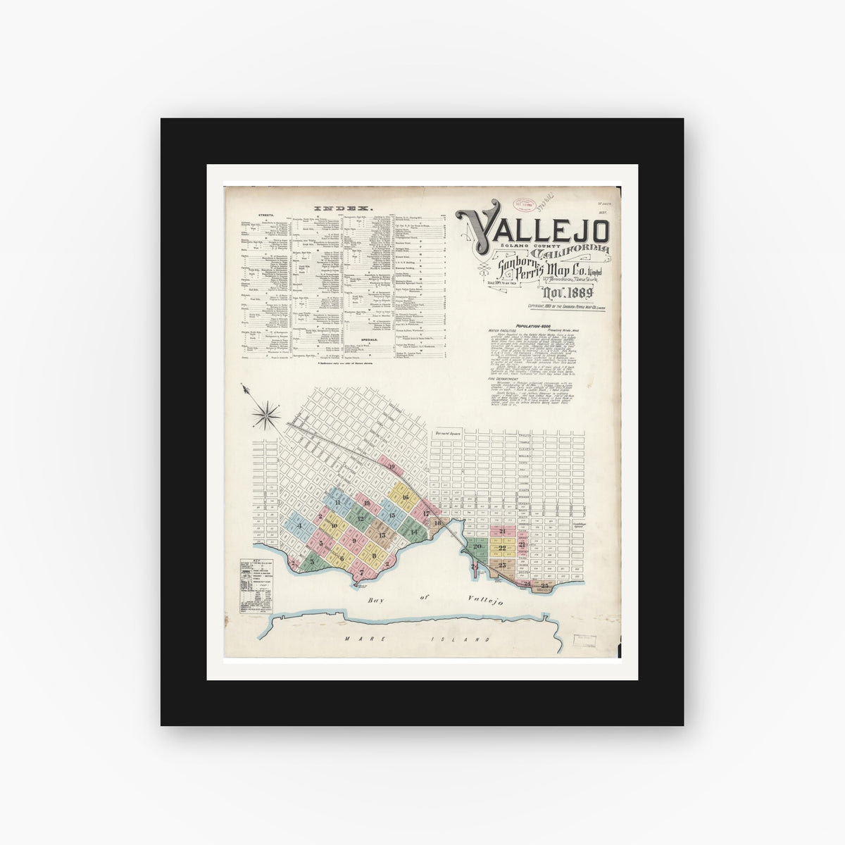 Old map wall art mockup — black gallery frame with white mat — Sanborn Fire Insurance Map from Vallejo, Solano County, California (1889) - Complete Map Set