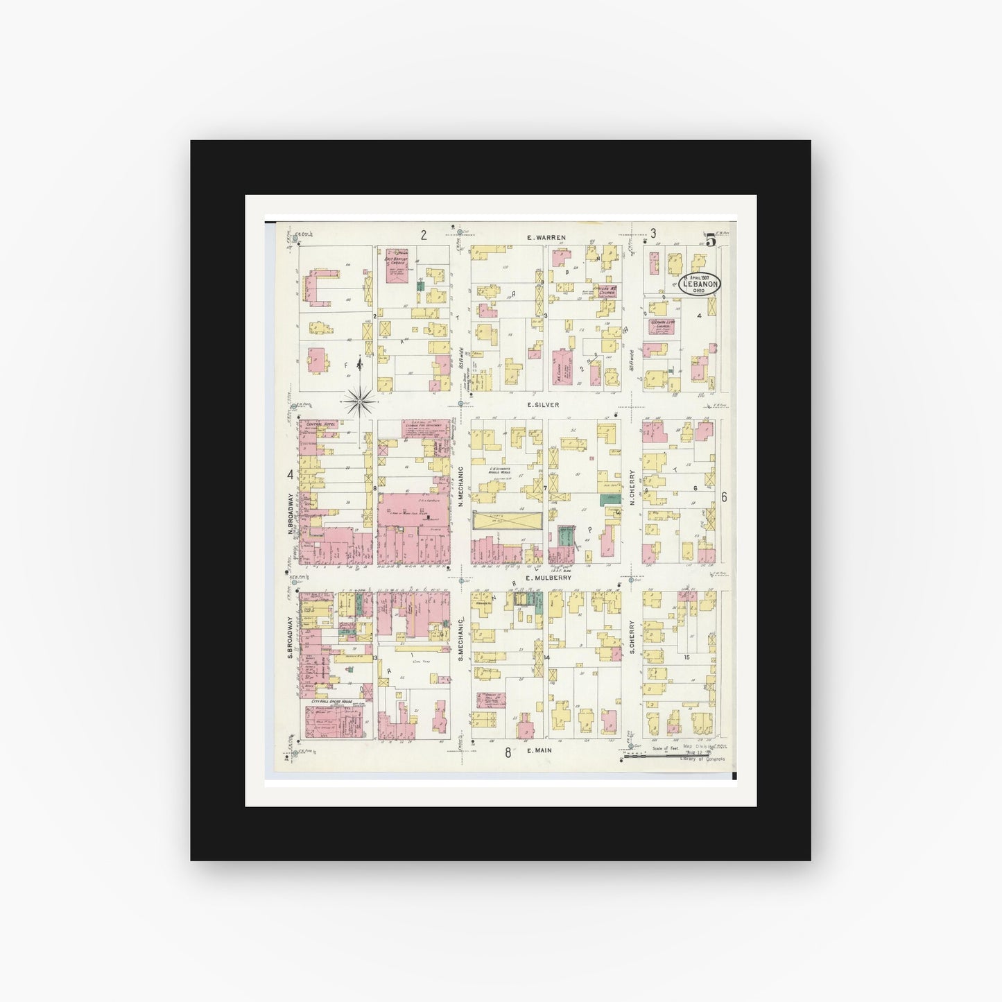Old map wall art mockup — black gallery frame with white mat — Sanborn Fire Insurance Map from Lebanon, Warren County, Ohio (1907), Sheet #0005