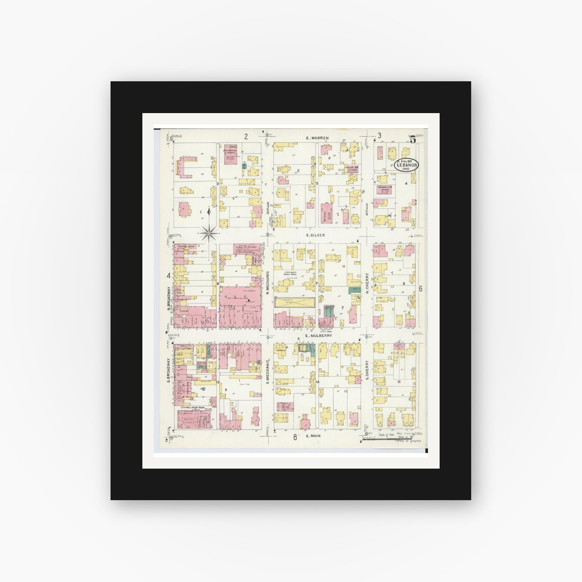 Old map wall art mockup — black gallery frame with white mat — Sanborn Fire Insurance Map from Lebanon, Warren County, Ohio (1907), Sheet #0005